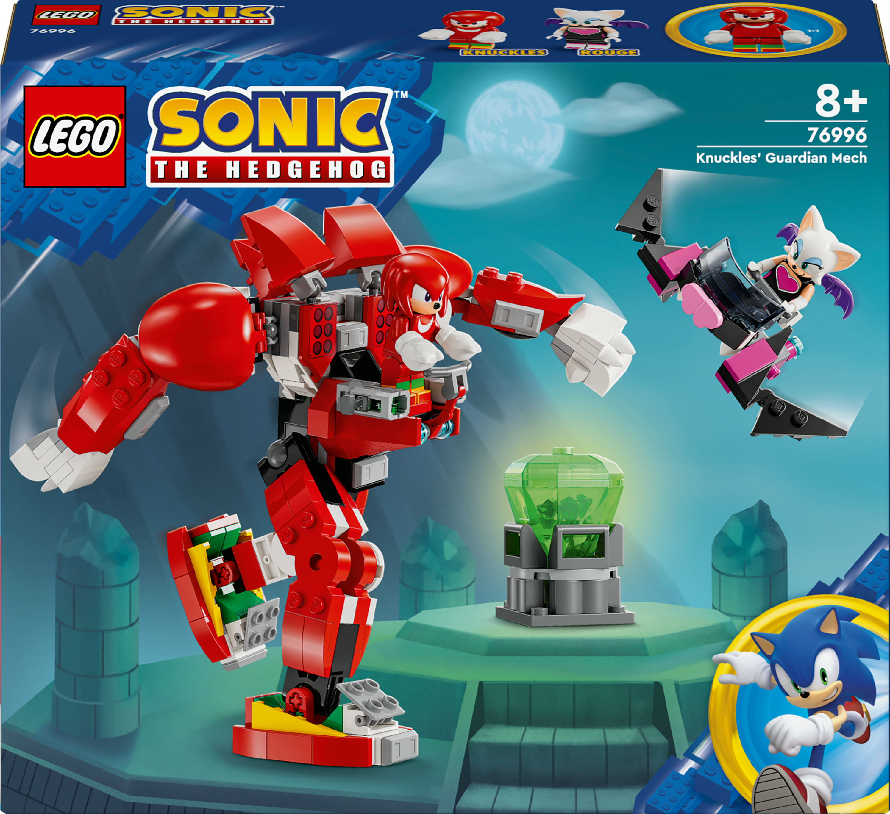 Zestaw Lego Sonic z czerwonym mechem i Knucklesem. Zielono-niebieska podstawa. Białe tło.