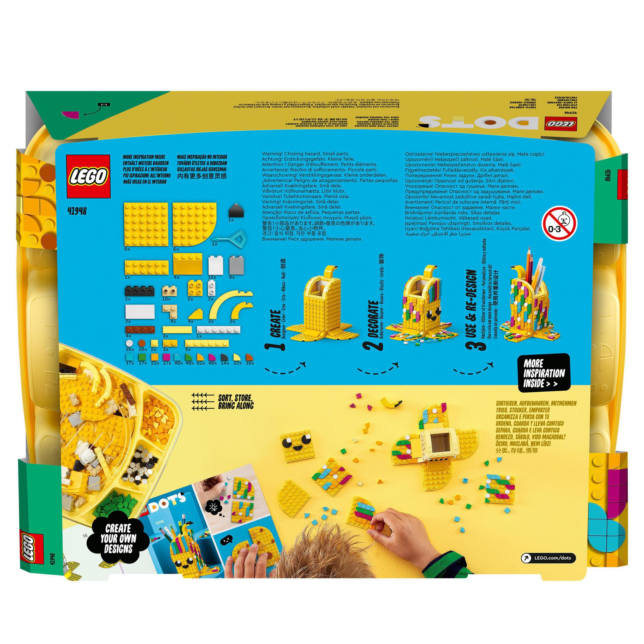 Rückseite einer LEGO-Box mit Anleitungen und verschiedenen LEGO-Elementen.