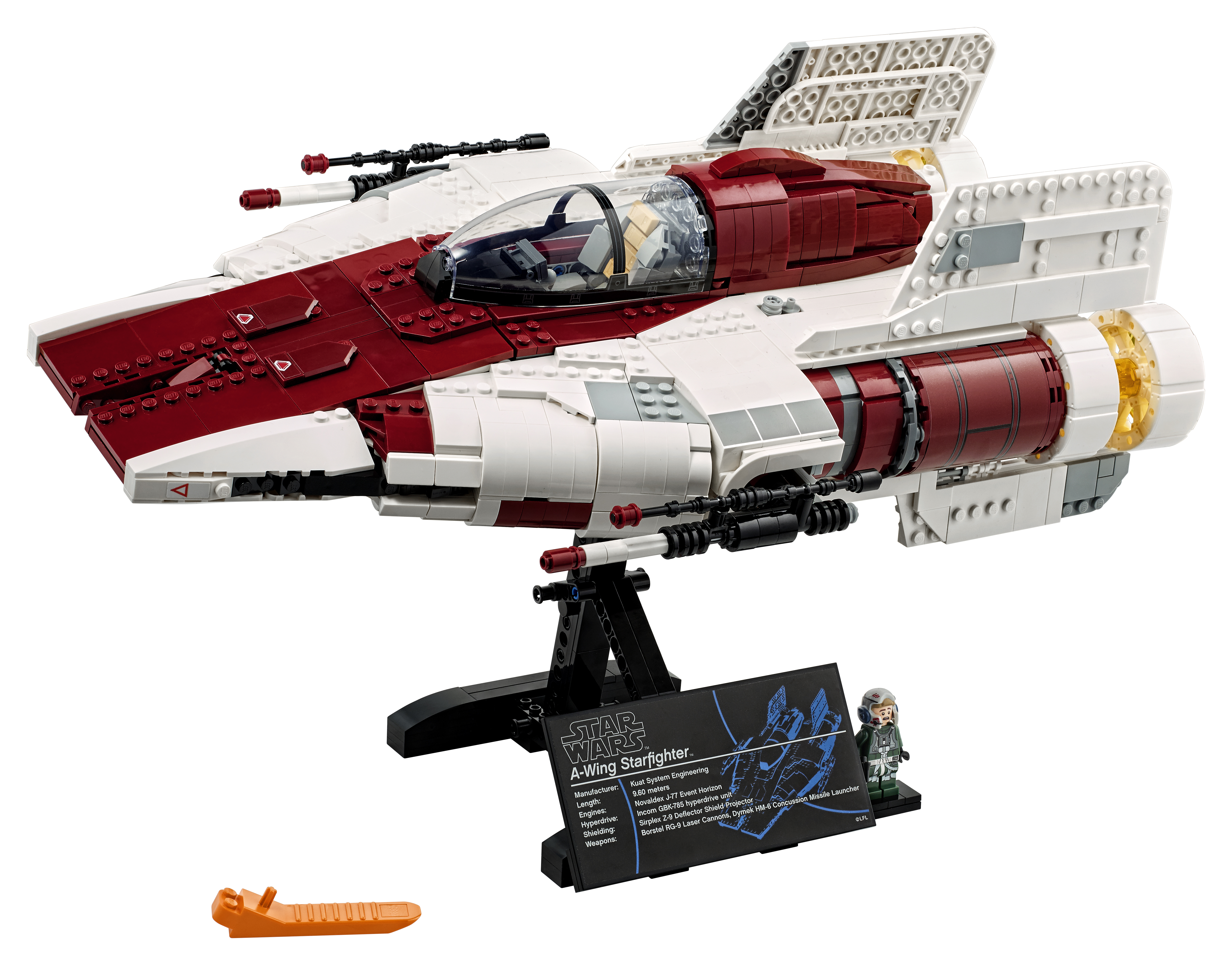 Model Lego Star Wars A-Wing Starfighter na wystawie z minifigurką i kartą informacyjną.