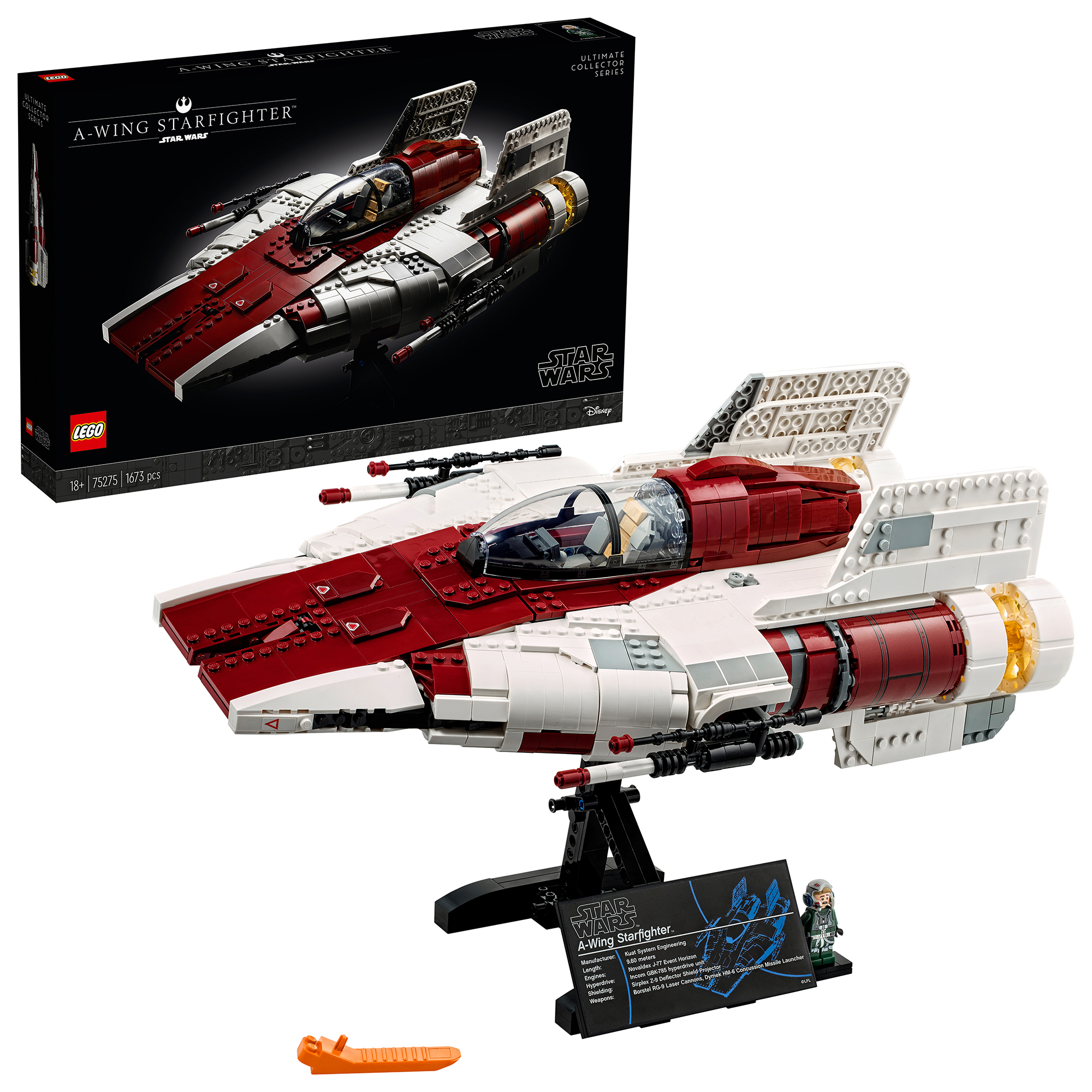 Zestaw Lego Star Wars A-Wing Starfighter z statkiem, stojakiem i pudełkiem. Czerwony, biały i szary statek.
