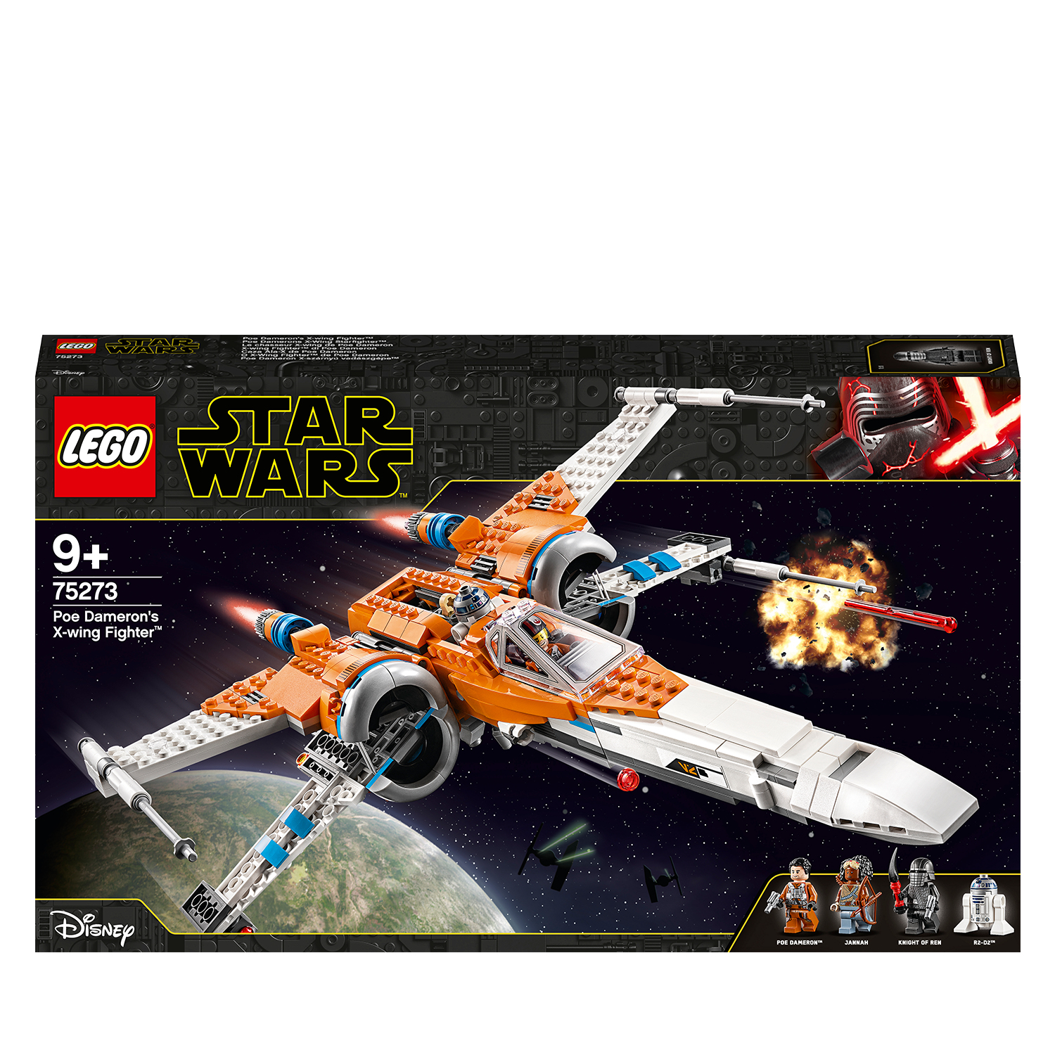 Pudełko zestawu Lego Star Wars. Pokazuje pomarańczowy myśliwiec X-wing w kosmosie z figurkami.