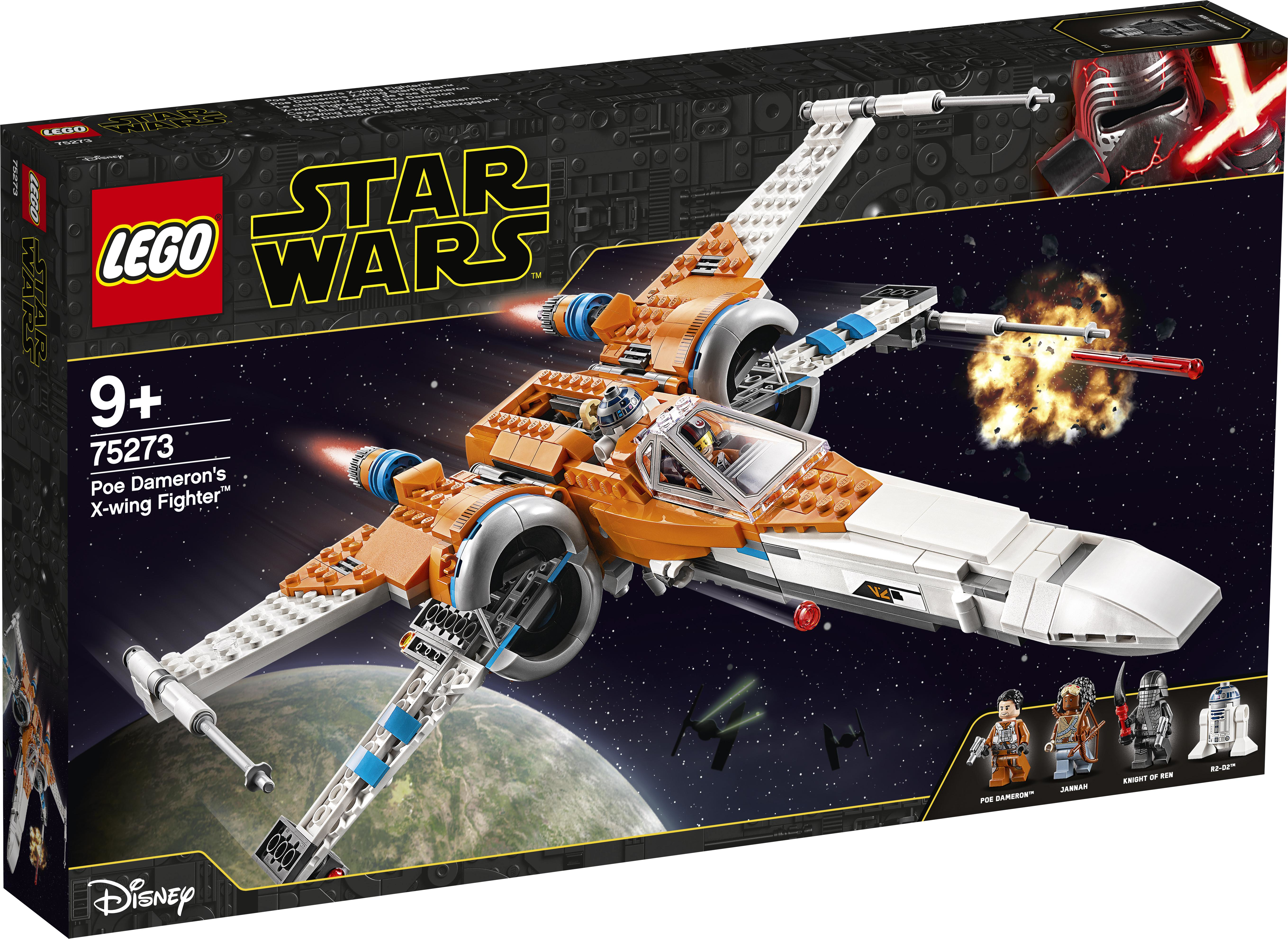 Pudełko LEGO Star Wars Poe Dameron's X-wing Fighter. Pokazuje model, postacie i scenę kosmiczną.