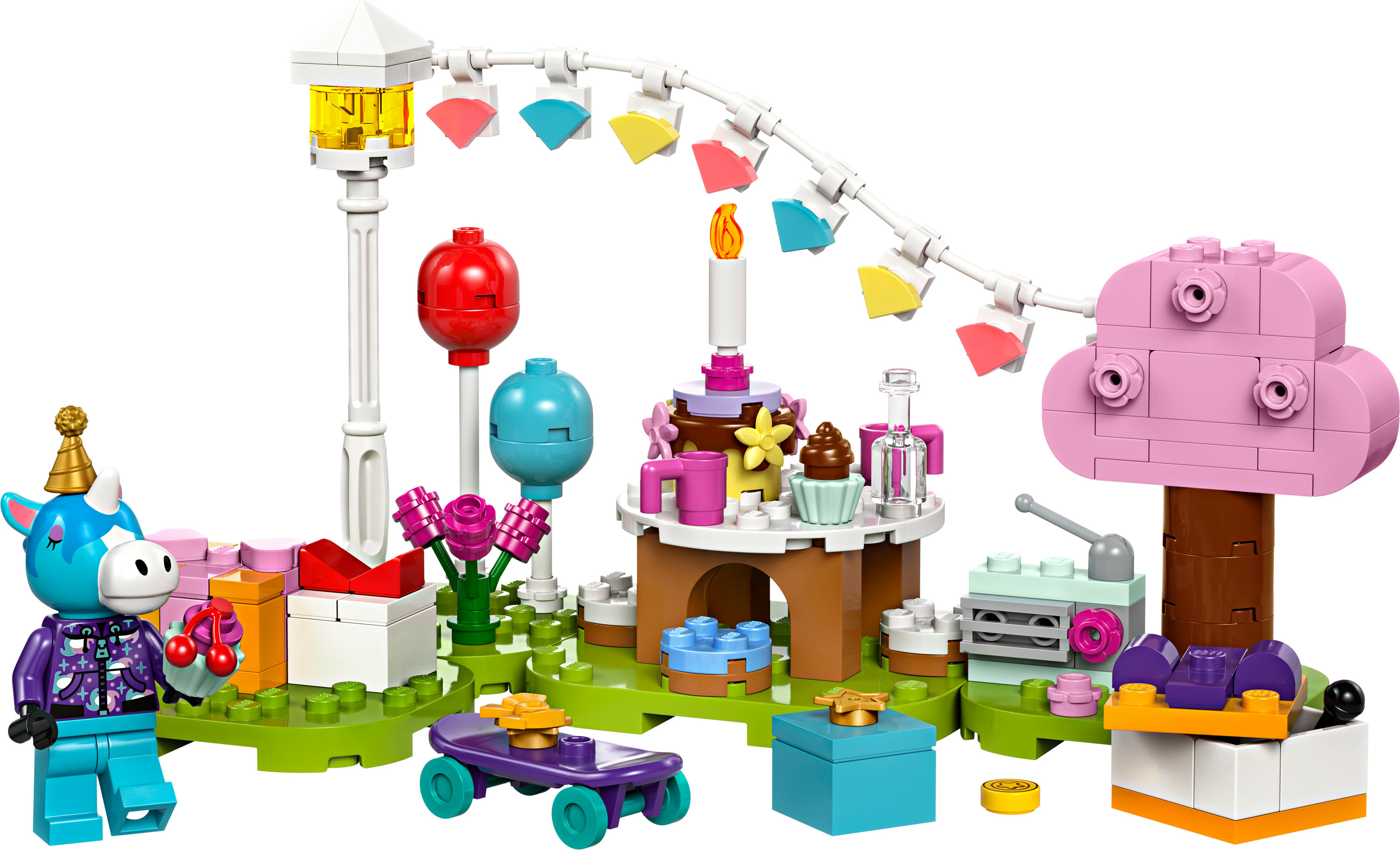 Bir unicorn, kek ve diğer süslemelerle bir doğum günü sahnesinin Lego Friends seti.