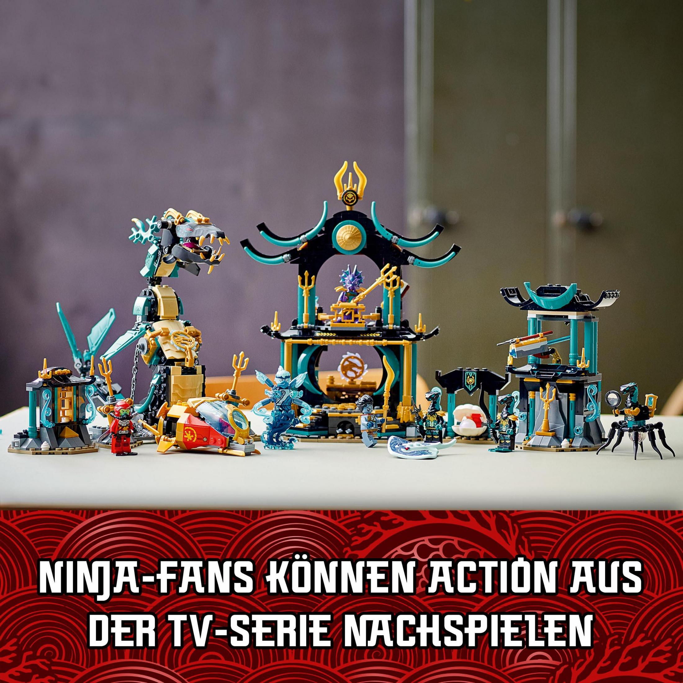 Zestaw Lego Ninjago z niemieckim tekstem. Różne budowle i figurki.