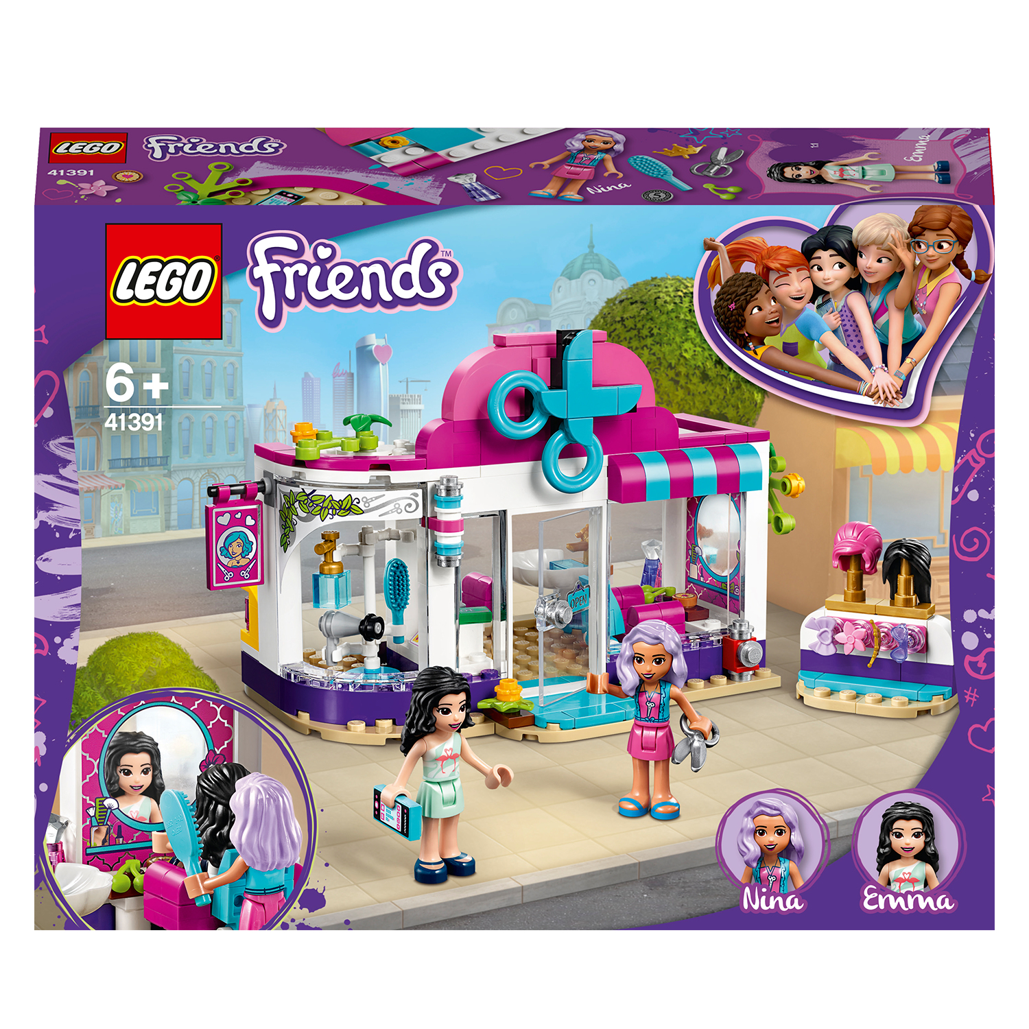 Eine Lego Friends Set-Box, ein Friseursalon, mit Mini-Puppen und Zubehör. Die Box zeigt den Salon.