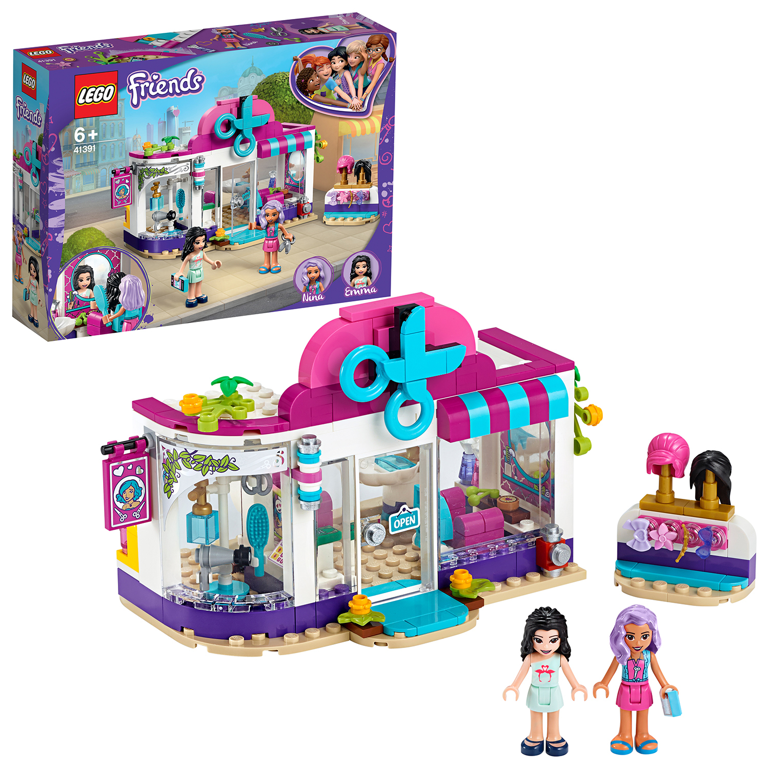 LEGO Friends Set eines Friseursalons mit Figuren. Box zeigt das Set. Weiß, rosa und lila Farben.