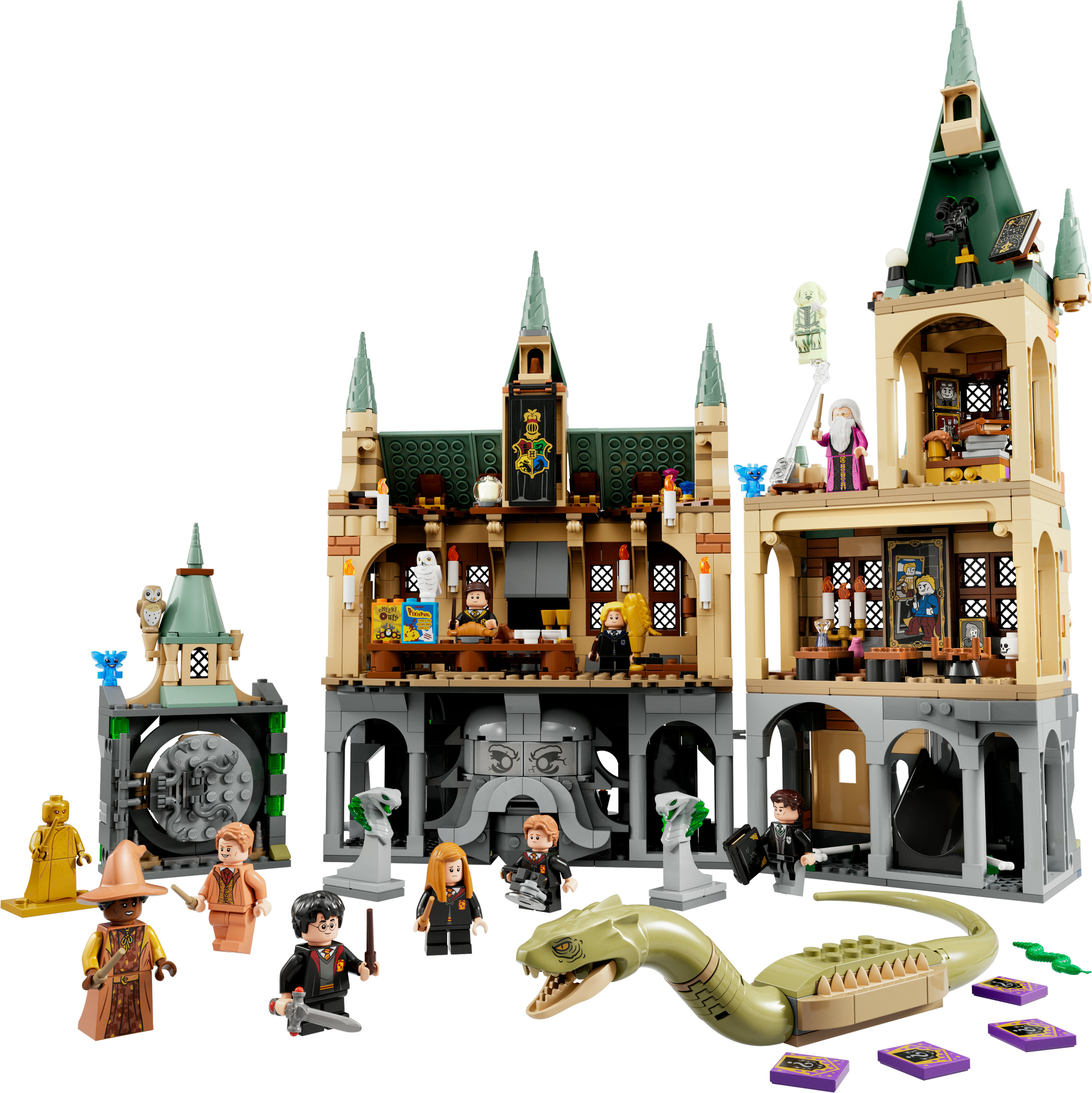 Set Lego Harry Potter Castello di Hogwarts con personaggi. Le strutture sono beige, grigie e verde scuro, con personaggi davanti.
