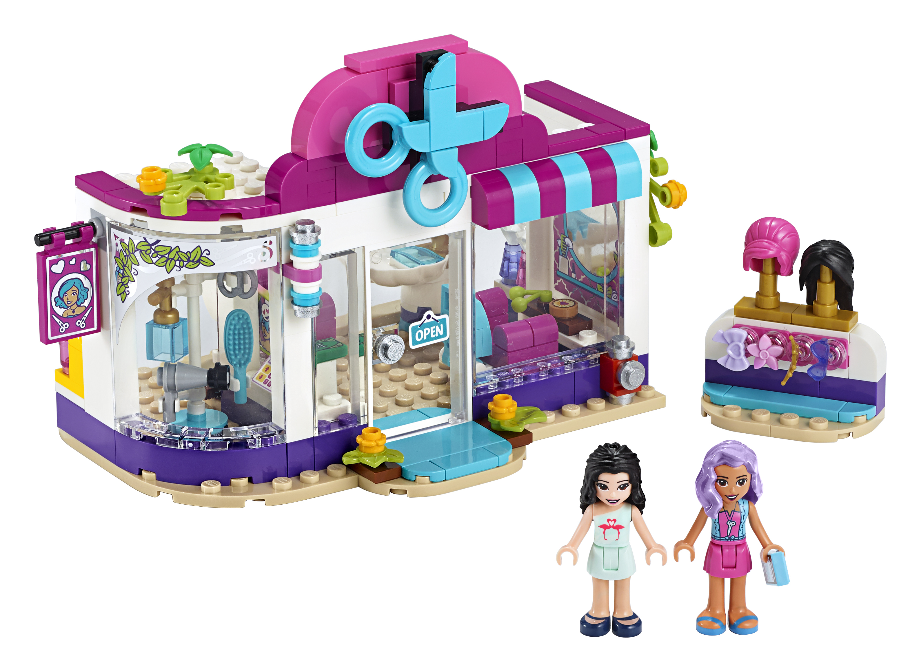 Lego Friends Set mit einem Friseursalon. Es hat ein farbenfrohes Gebäude, zwei Figuren und Friseurzubehör.