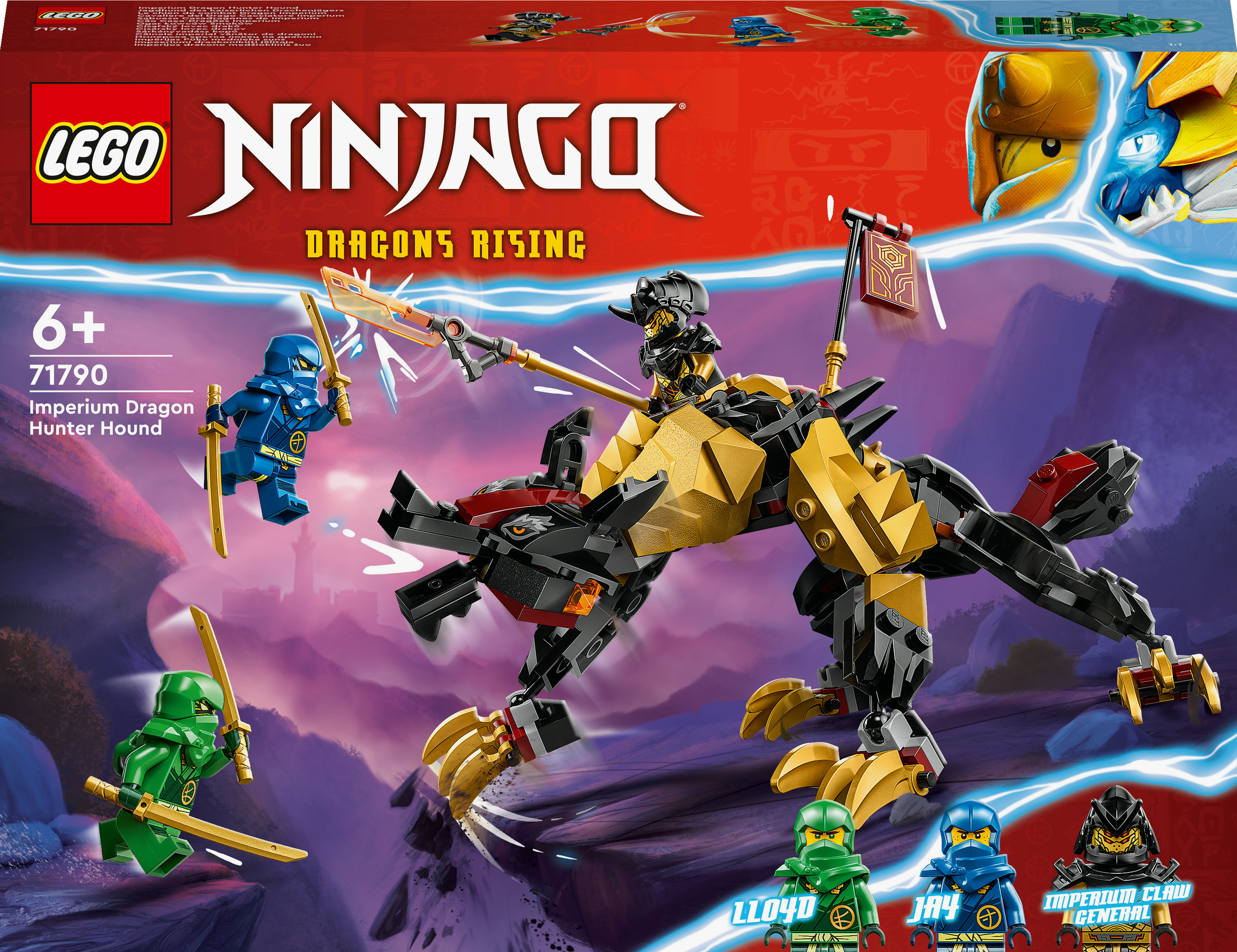 Arte de la caja de Lego Ninjago que muestra un dragón, figuras de ninja y el título del set.