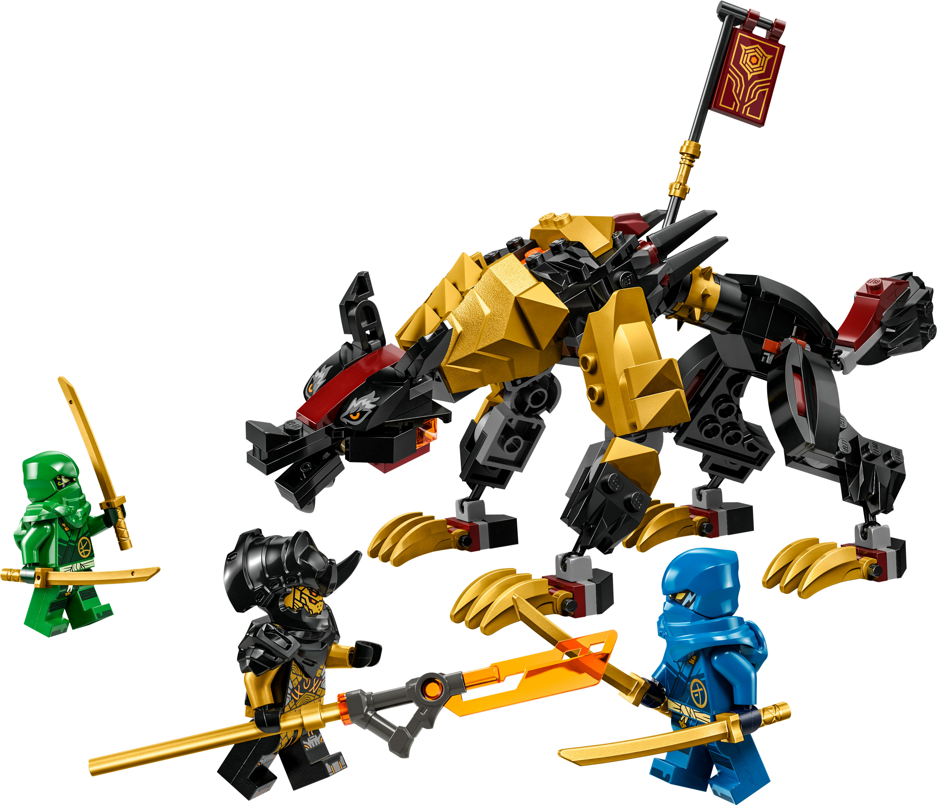 Un set LEGO Ninjago con un dragón dorado y figuras ninja. Presenta elementos de construcción orientados a la acción.