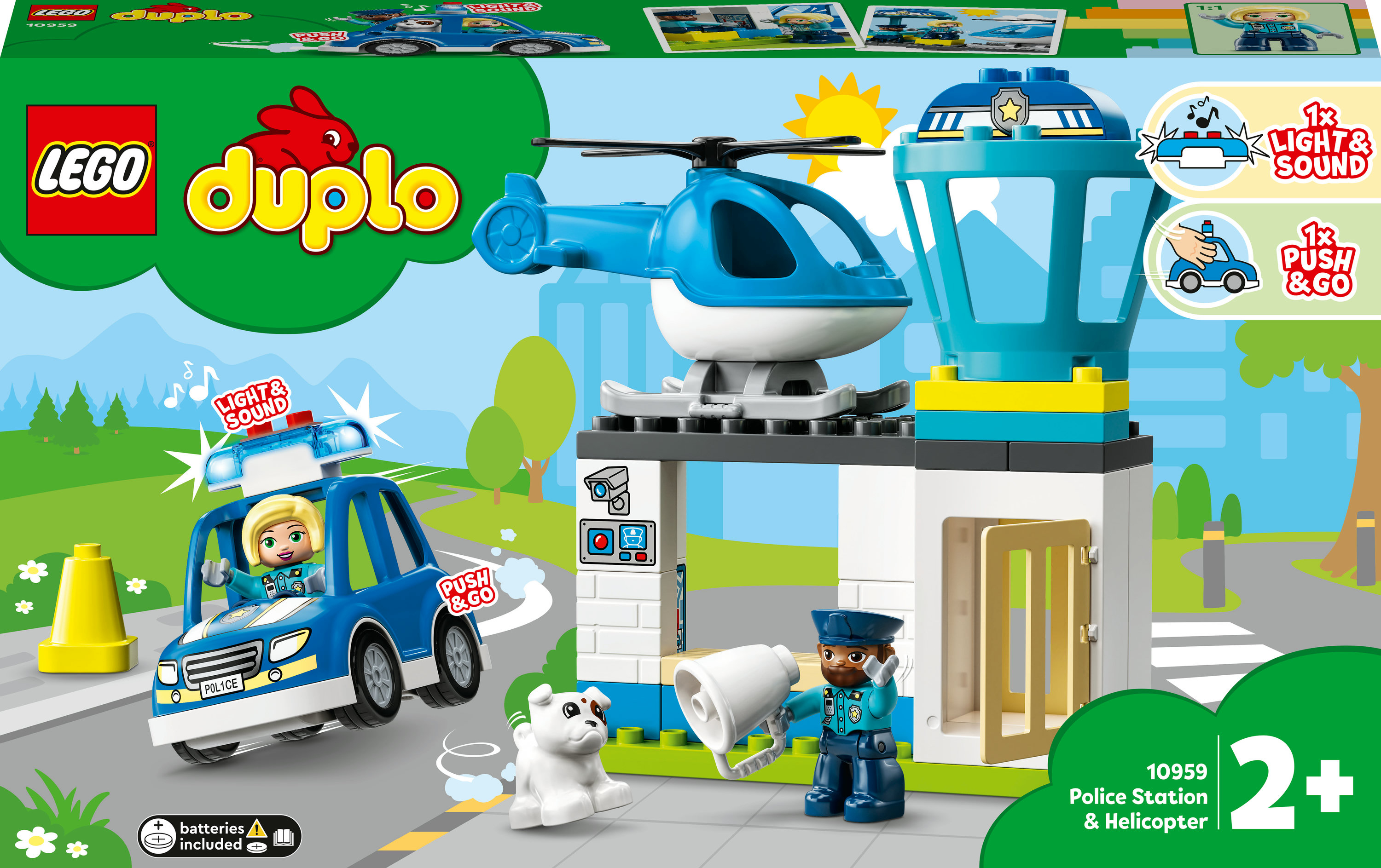 Set Lego Duplo de estación de policía y helicóptero con coche de policía, helicóptero y figuras.