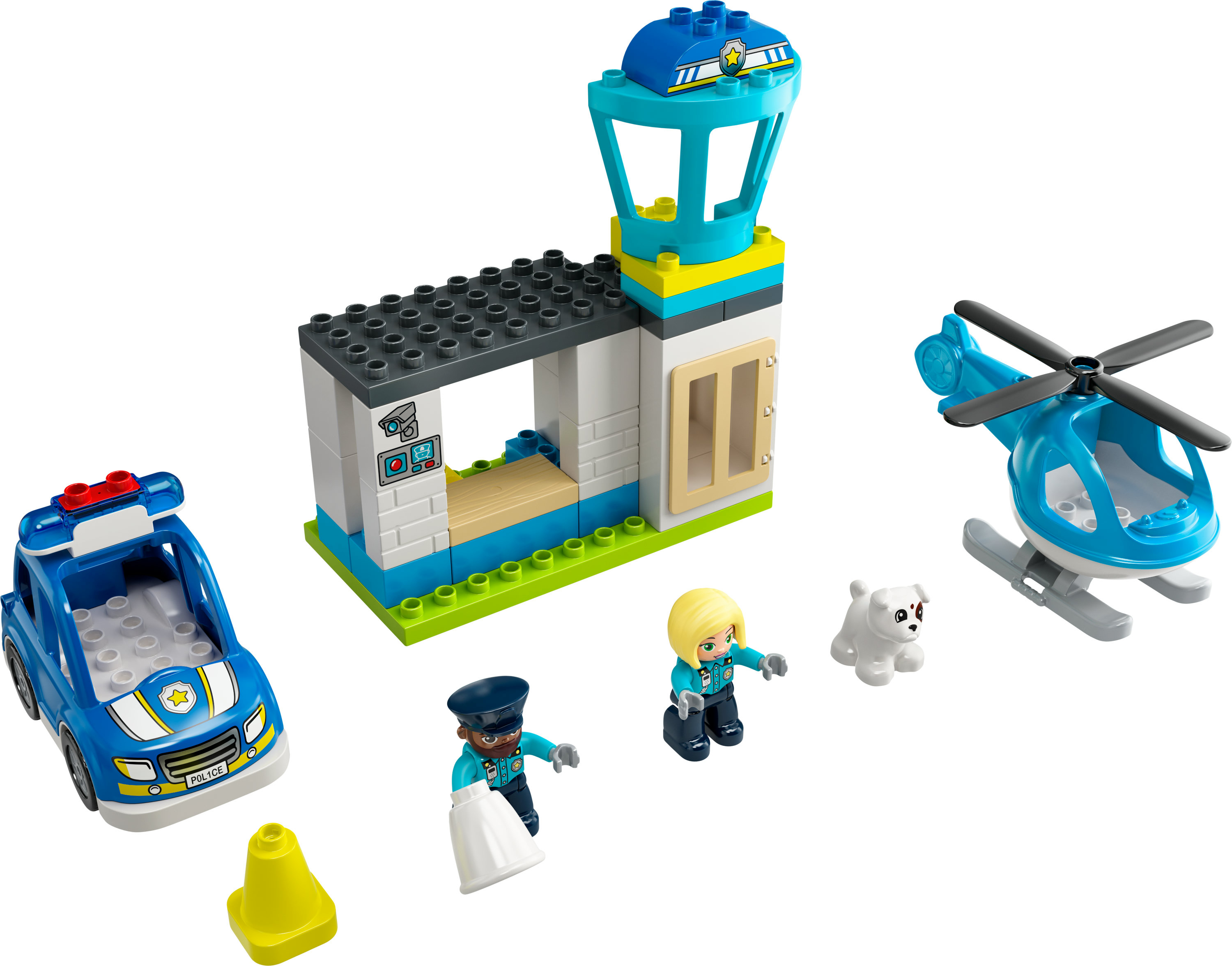 Set de la estación de policía LEGO Duplo con coche de policía, helicóptero y figuras. También hay un perro.