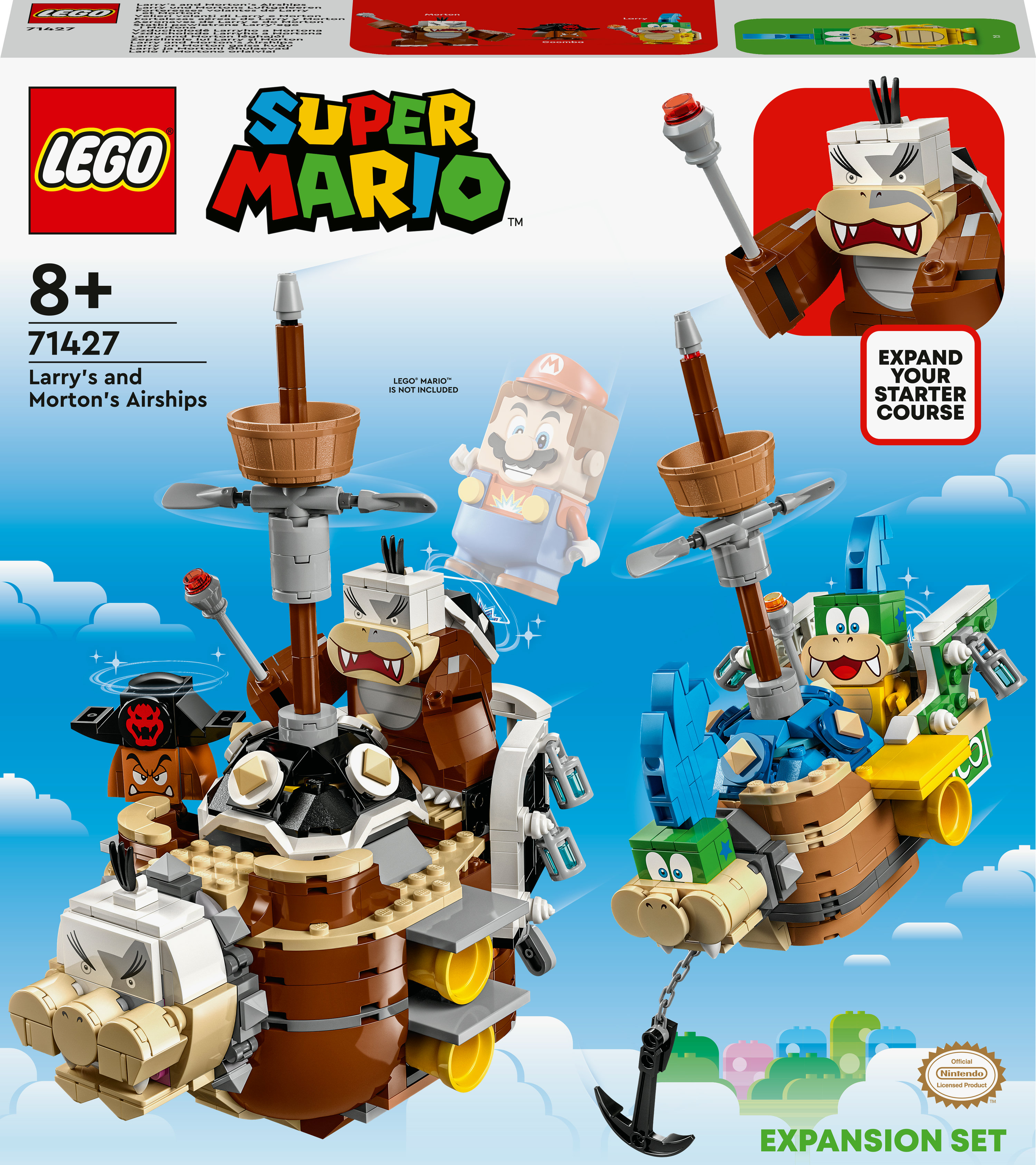 Pudełko Lego Super Mario. Przedstawia dwa sterowce z postaciami. Zestaw rozszerzający.