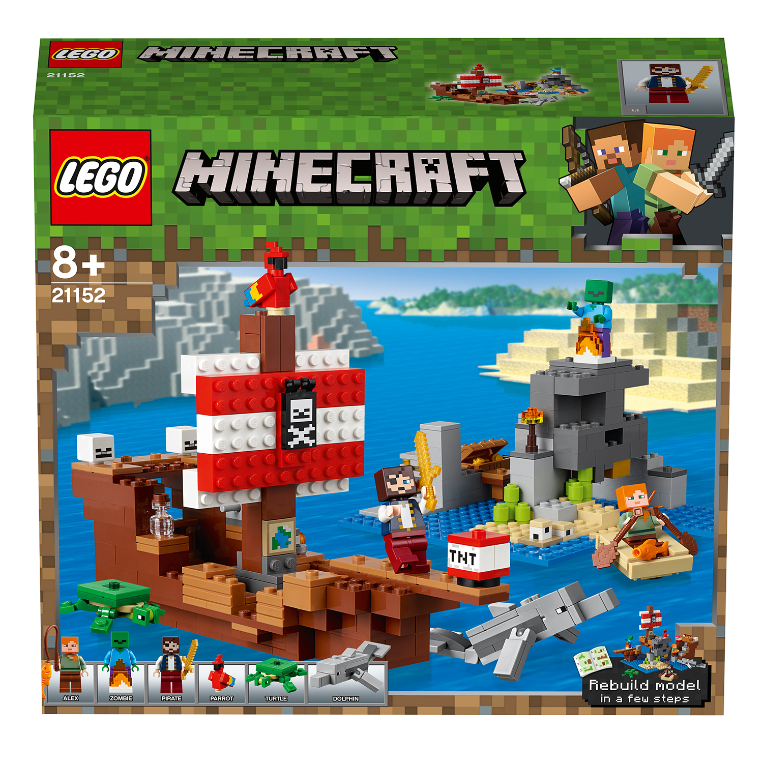 Lego Minecraft set: a pirate ship on water. Includes figures, and a TNT block.