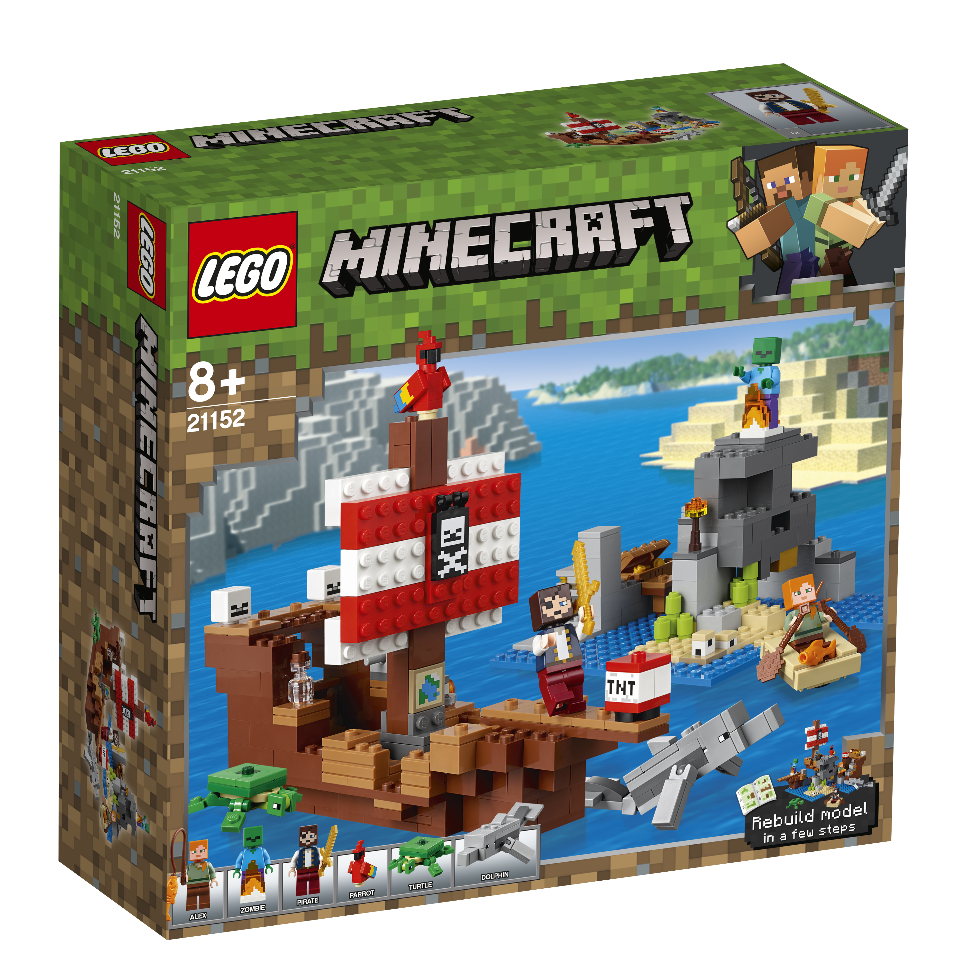 Lego Minecraft set. A box shows a pirate ship scene with figures, a shark, and a skeleton.
