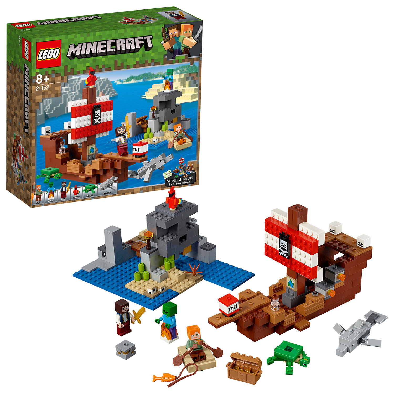 Lego Minecraft Pirate Ship Adventure set box and built model. Features a ship and island with figures.