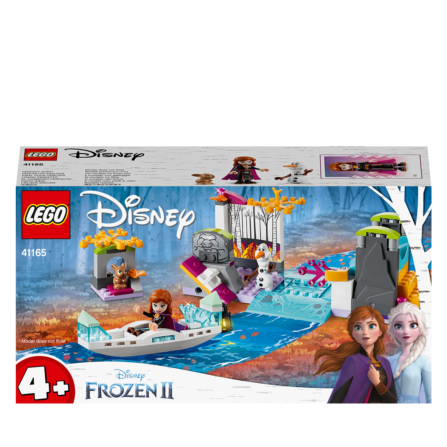Zestaw Lego Disney Frozen II, pokazujący łódź z postaciami na wodzie i inne konstrukcje.