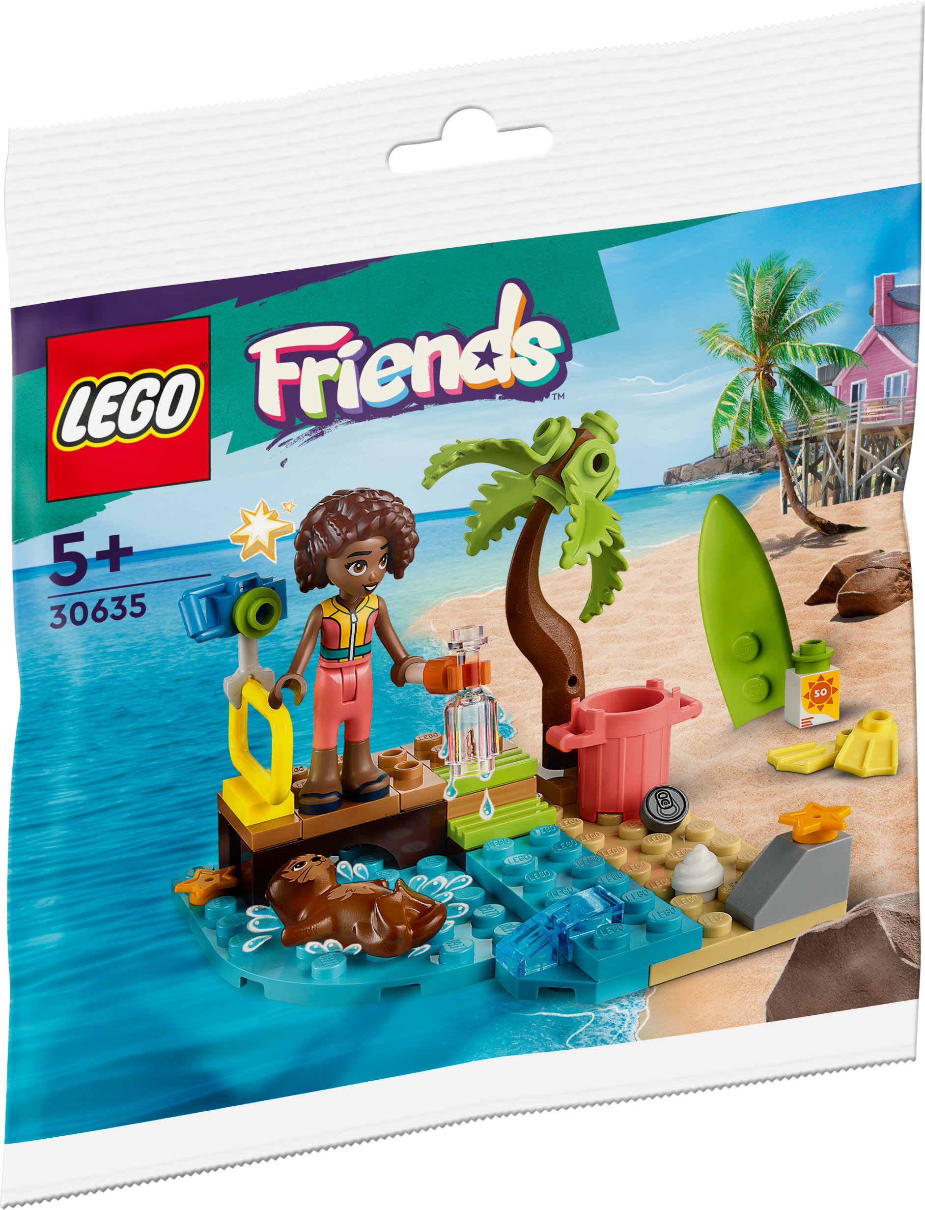 LEGO Friends Set mit Mädchen, Seehund, Palme und Surfbrett. Strandszene mit blauem Wasser.