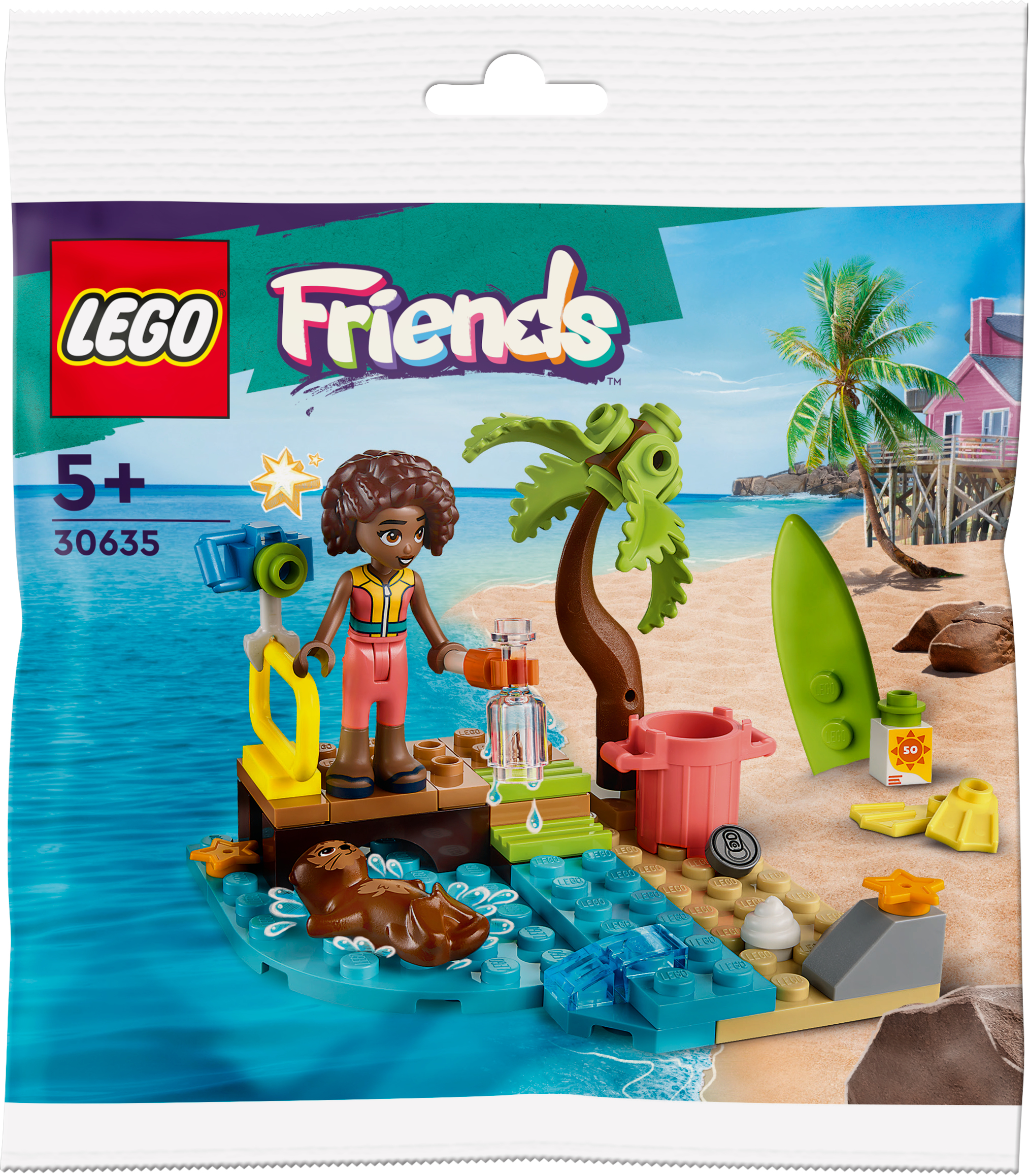 Lego Friends Set in einer Tüte zeigt ein Mädchen, einen Seehund, Palmen und eine Strandszene.