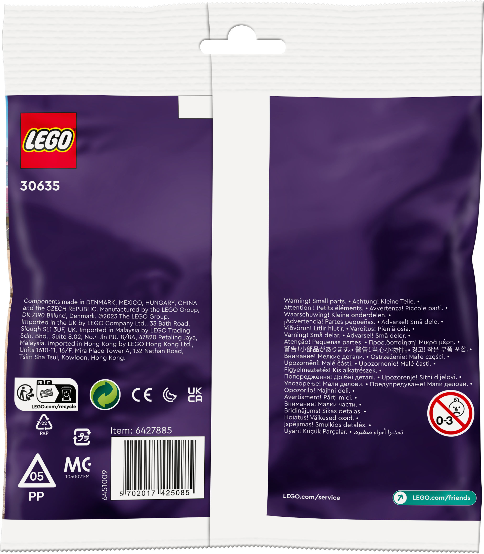 Die Rückseite einer LEGO Friends Tüte mit Warnhinweisen in mehreren Sprachen und einem Recycling-Logo.