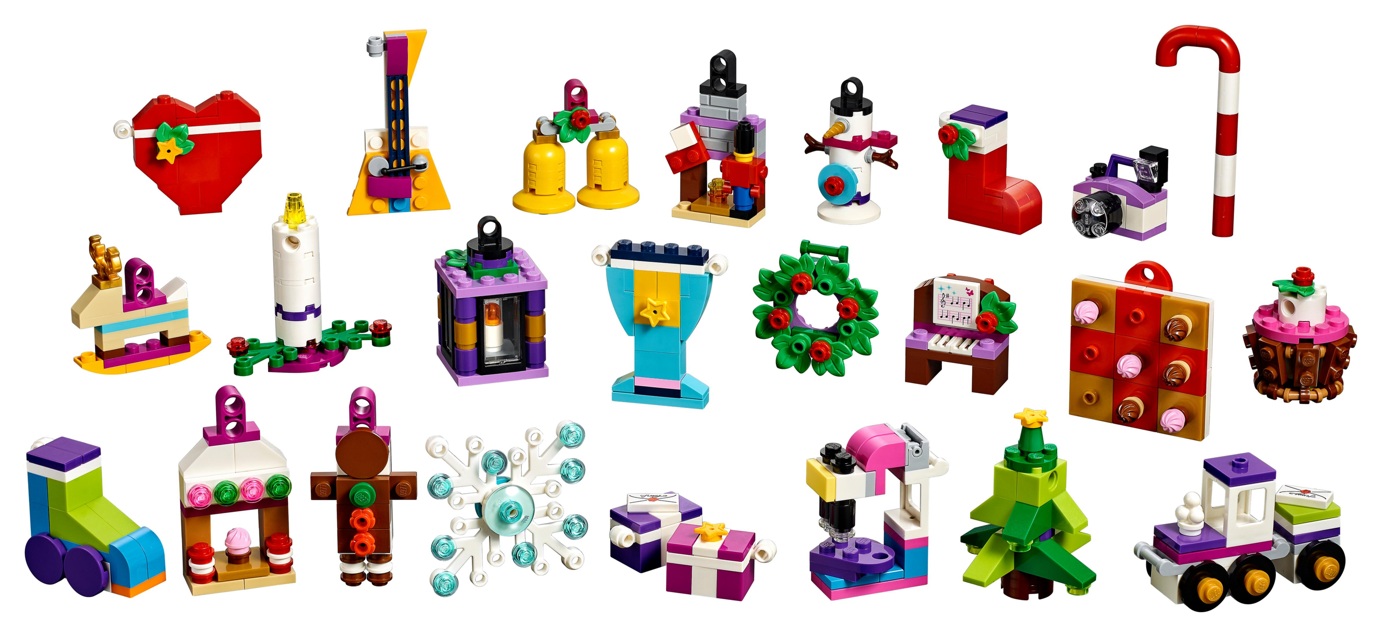 Kolekcja budowli z kalendarza adwentowego LEGO Friends. Różne miniaturowe konstrukcje na Boże Narodzenie.