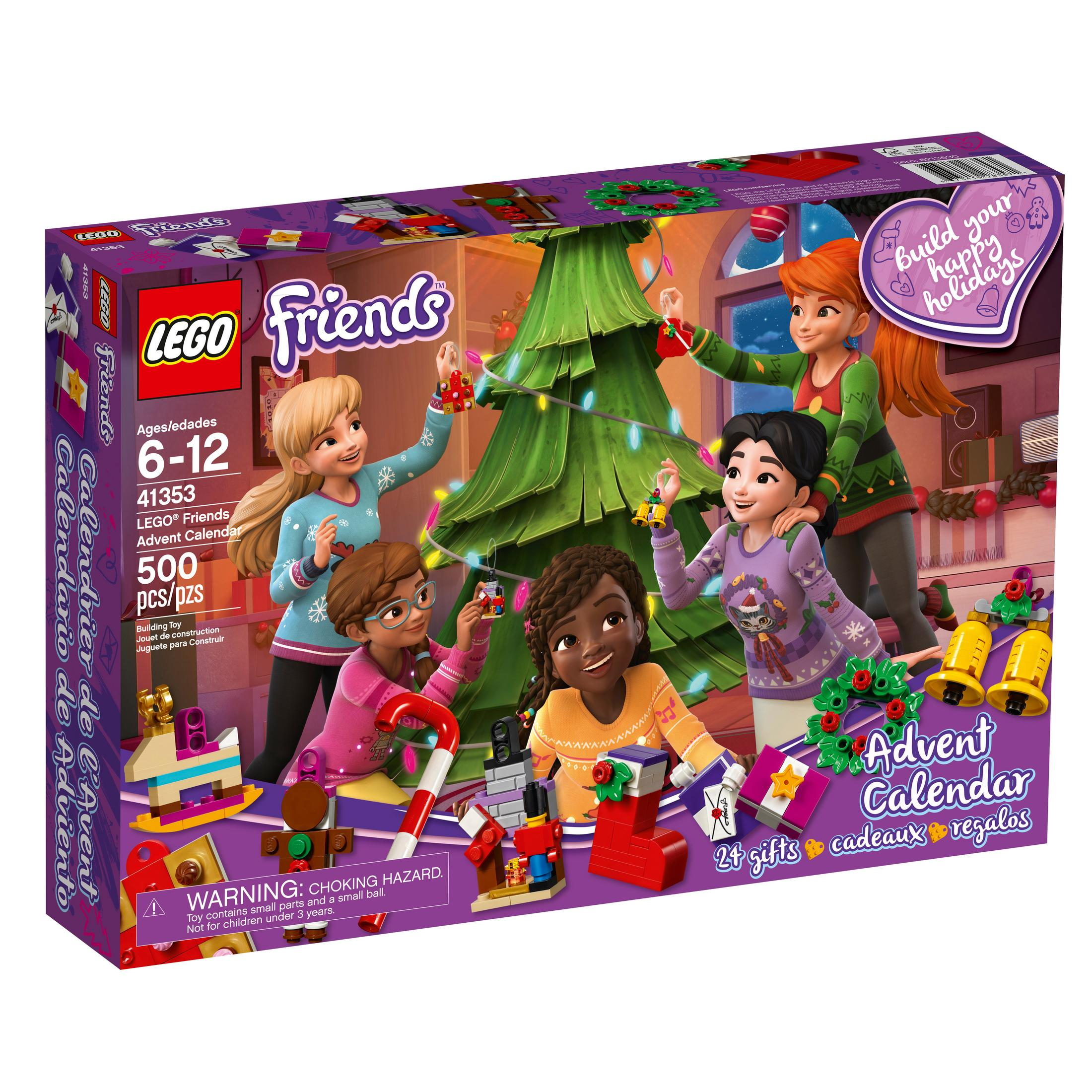 Pudełko kalendarza adwentowego Lego Friends z figurkami. Przedstawia choinkę i sceny świąteczne.