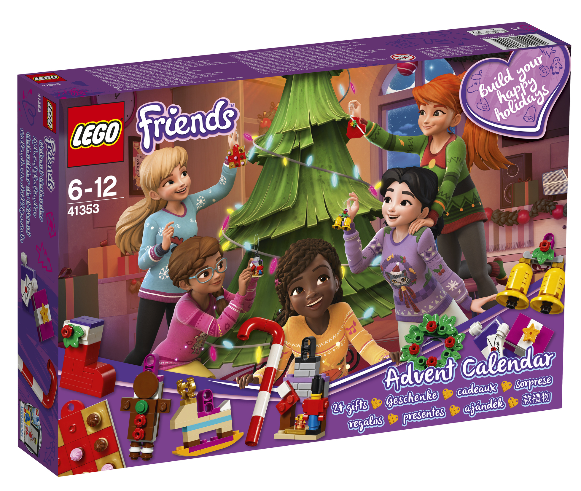 Zestaw Lego Friends Kalendarz Adwentowy z figurkami, choinką i różnymi akcesoriami świątecznymi.