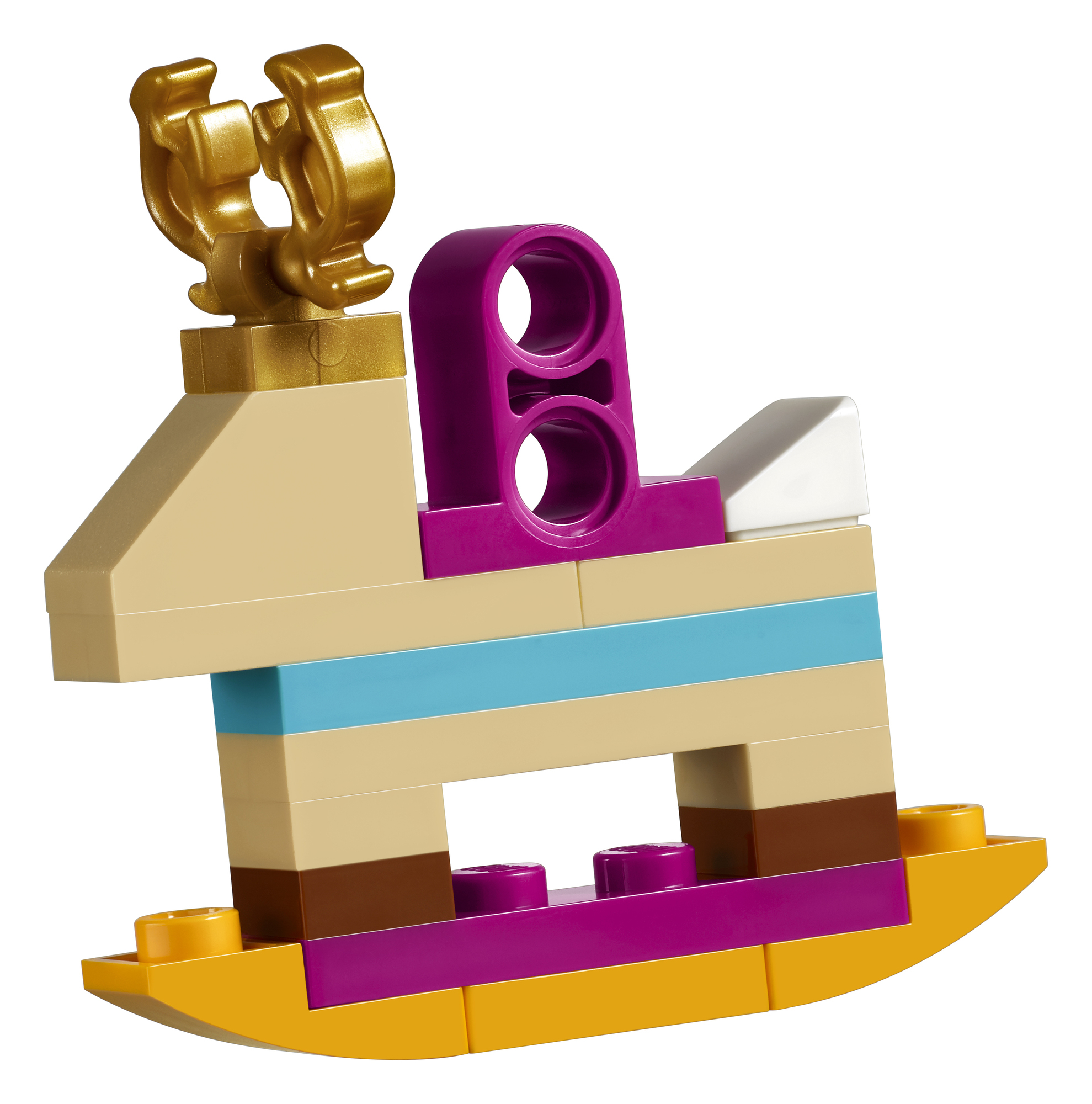Koń na biegunach LEGO wykonany z beżowych, fioletowych, niebieskich i żółtych klocków.