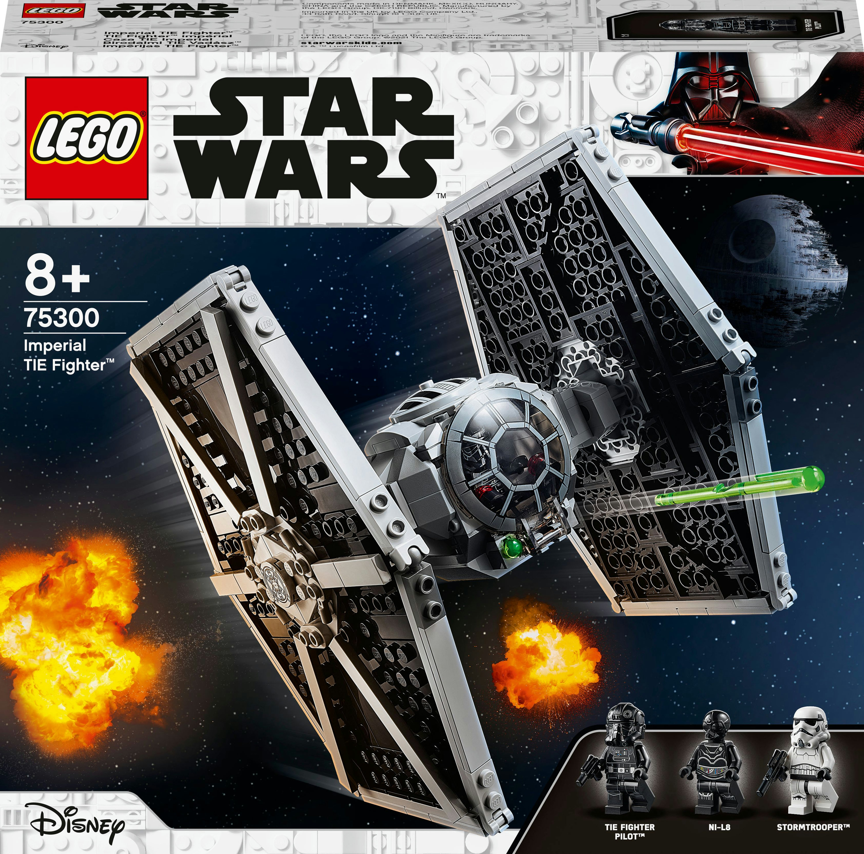 Lego Star Wars Imperial TIE Fighter kutusu. Gemi gri renkte. Darth Vader ve diğer figürler gösteriliyor. Disney logosu görünür.