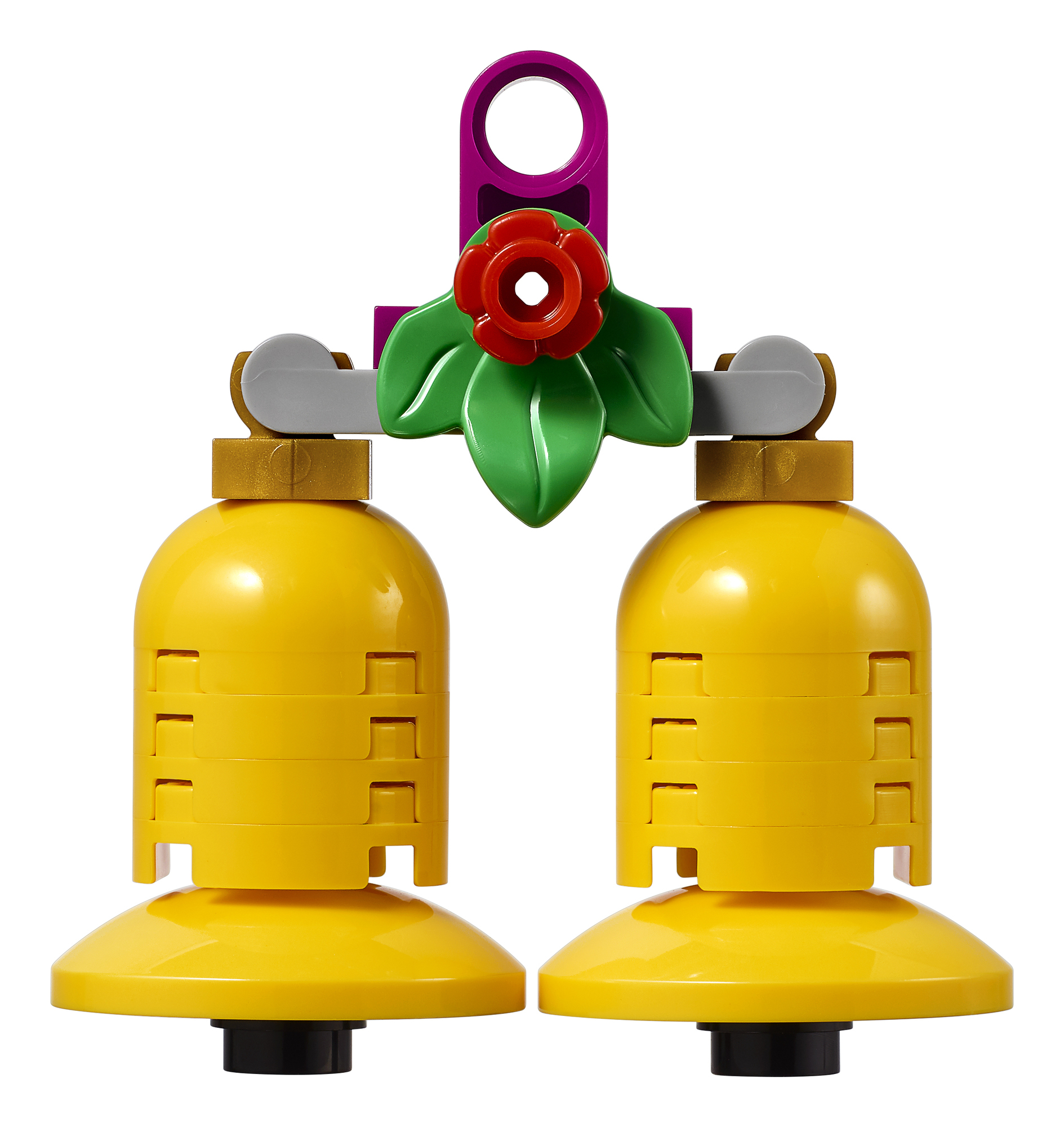 Żółte dzwony Lego z czerwoną różą i zielonymi liśćmi, przymocowane do fioletowego łuku.