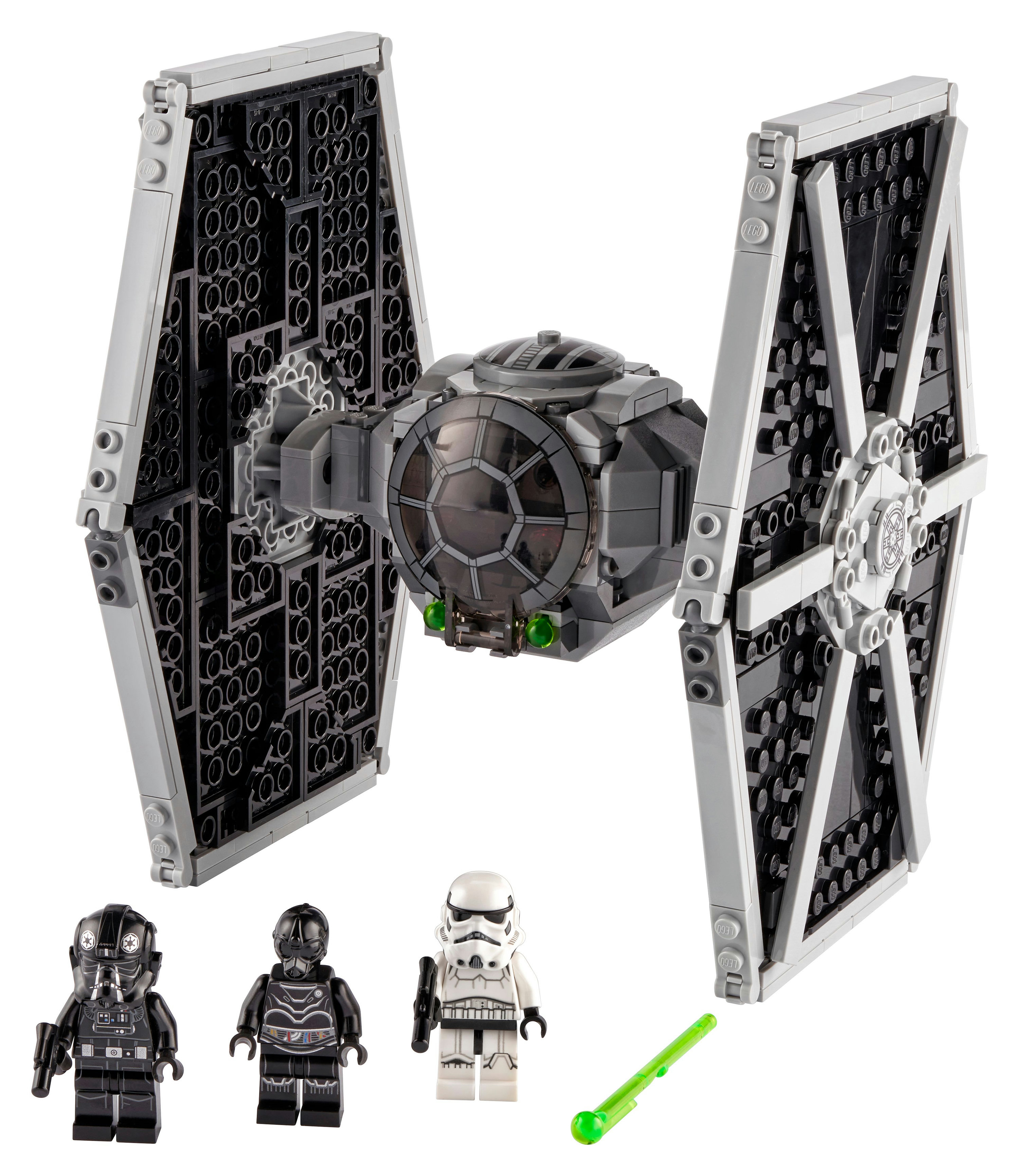 Lego Tie Fighter modeli. Kanatlı, koyu gri uzay gemisi ve üç minifigür. Yeşil ışın kılıcı.