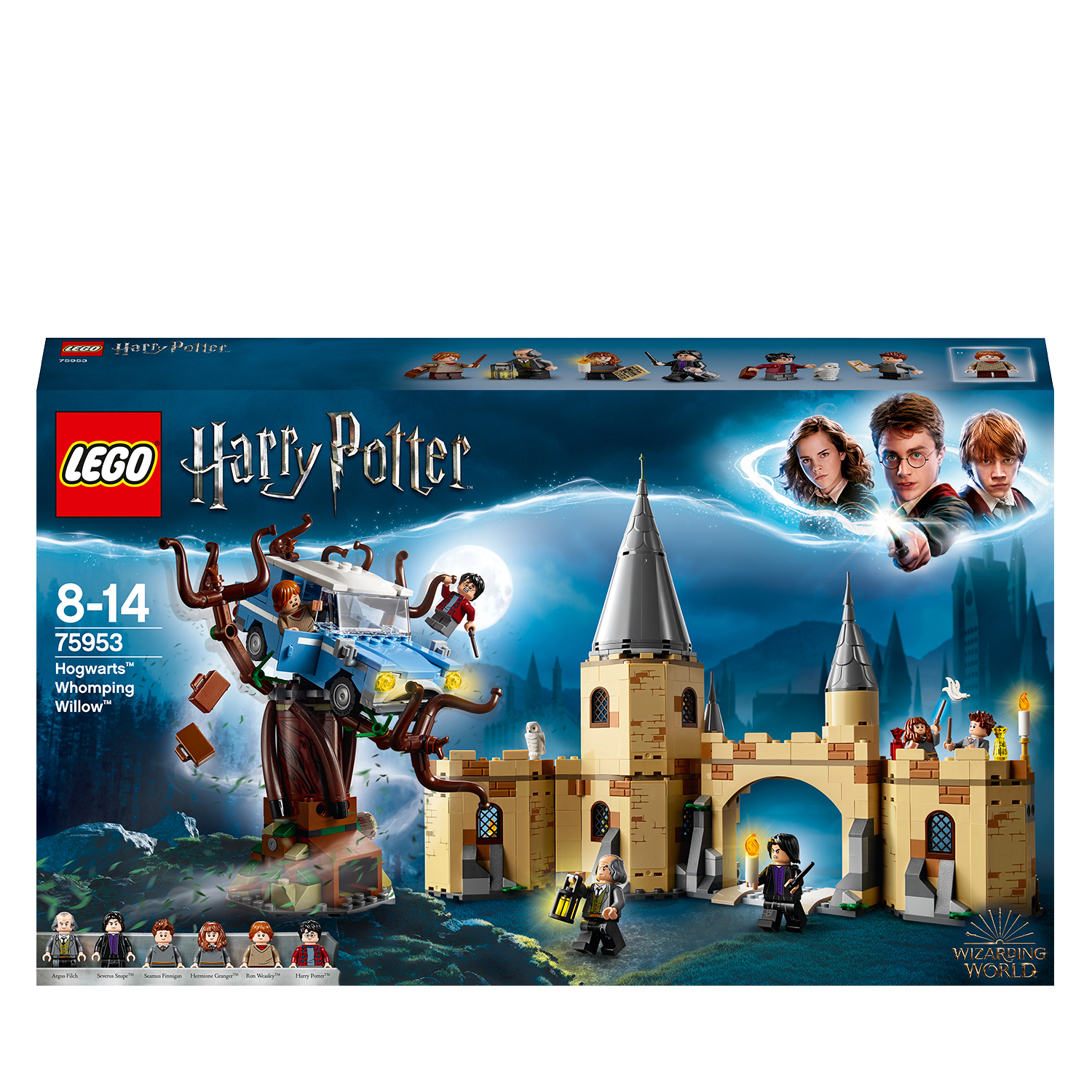 Lego Harry Potter Set mit einer Peitschenden Weide, einem Auto und Hogwarts Schloss.