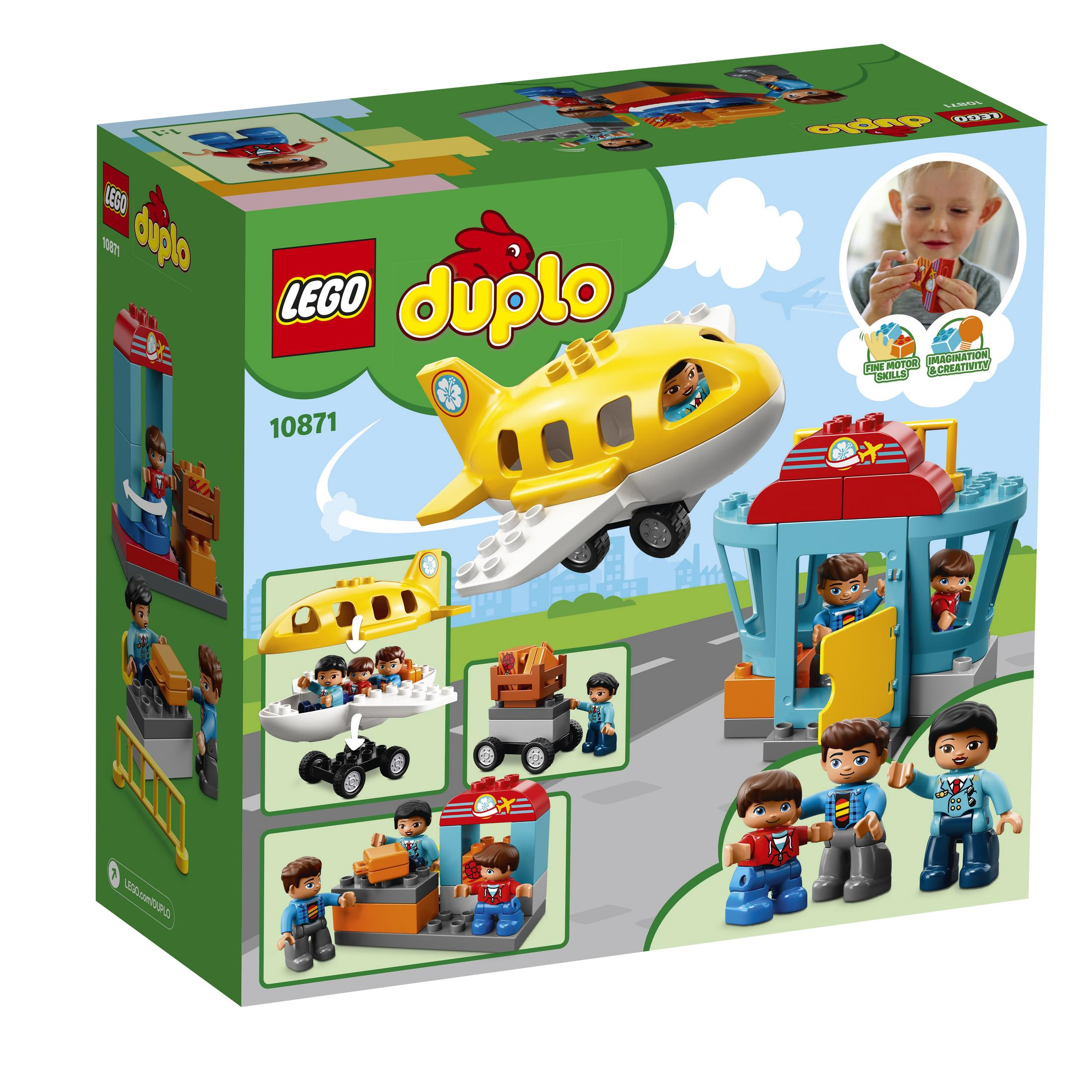 Scatola del set LEGO Duplo con aereo giallo, aeroporto e diverse minifigure.
