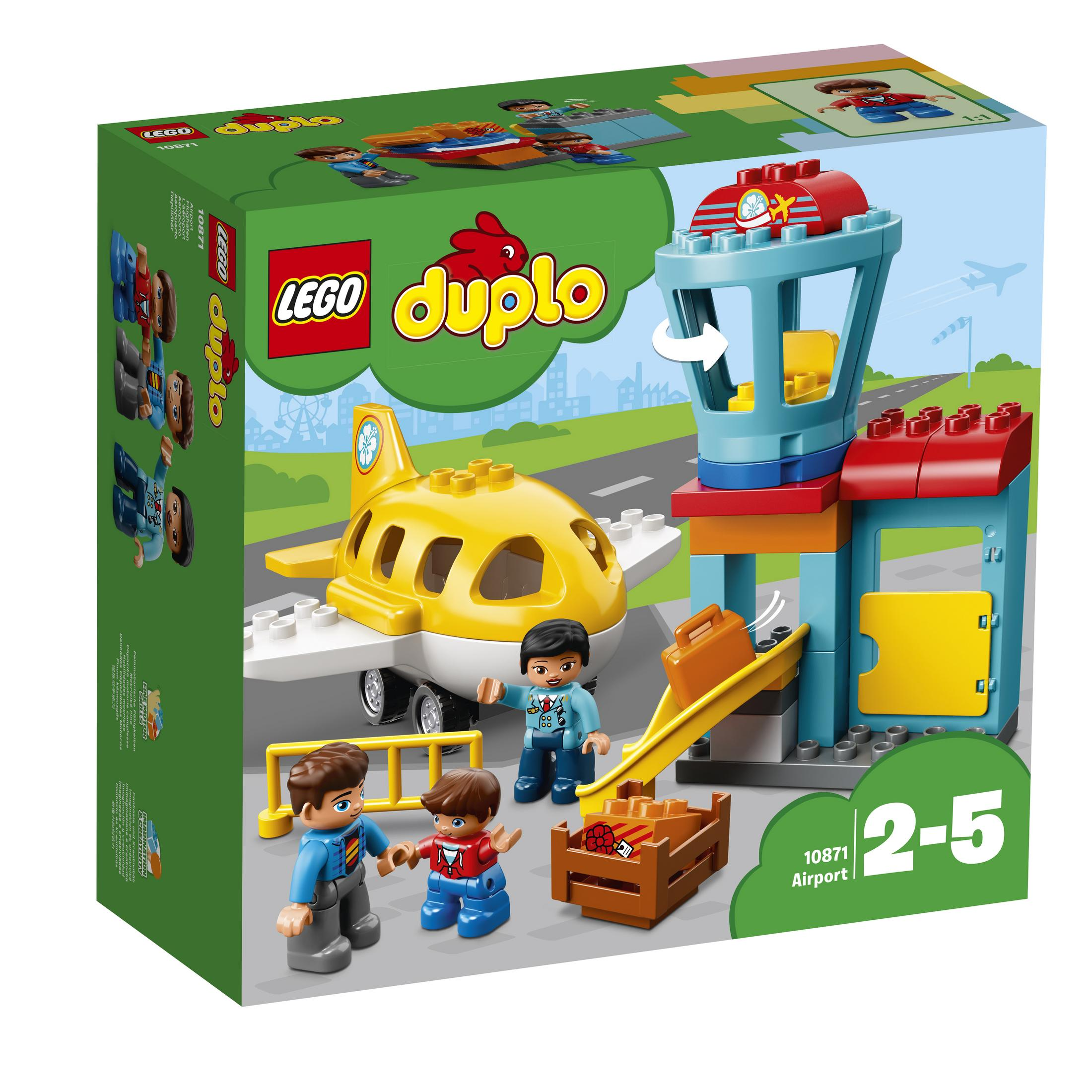 Scatola aeroporto Lego Duplo. Presenta un aereo giallo, una torre di controllo e figure.