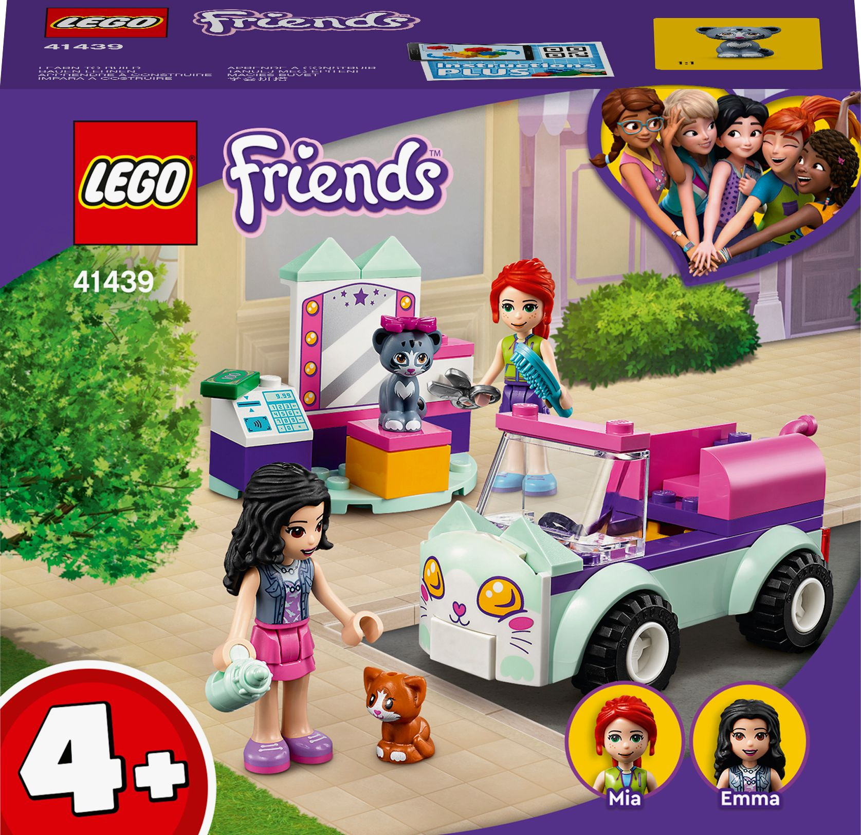 LEGO Friends Set mit einem katzenförmigen Auto, einer Salon-Szene und Mia und Emma Minifiguren.