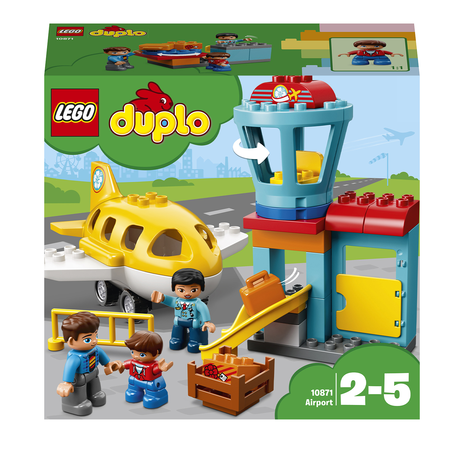 Set Lego Duplo aeroporto con aereo giallo, torre di controllo e personaggi.