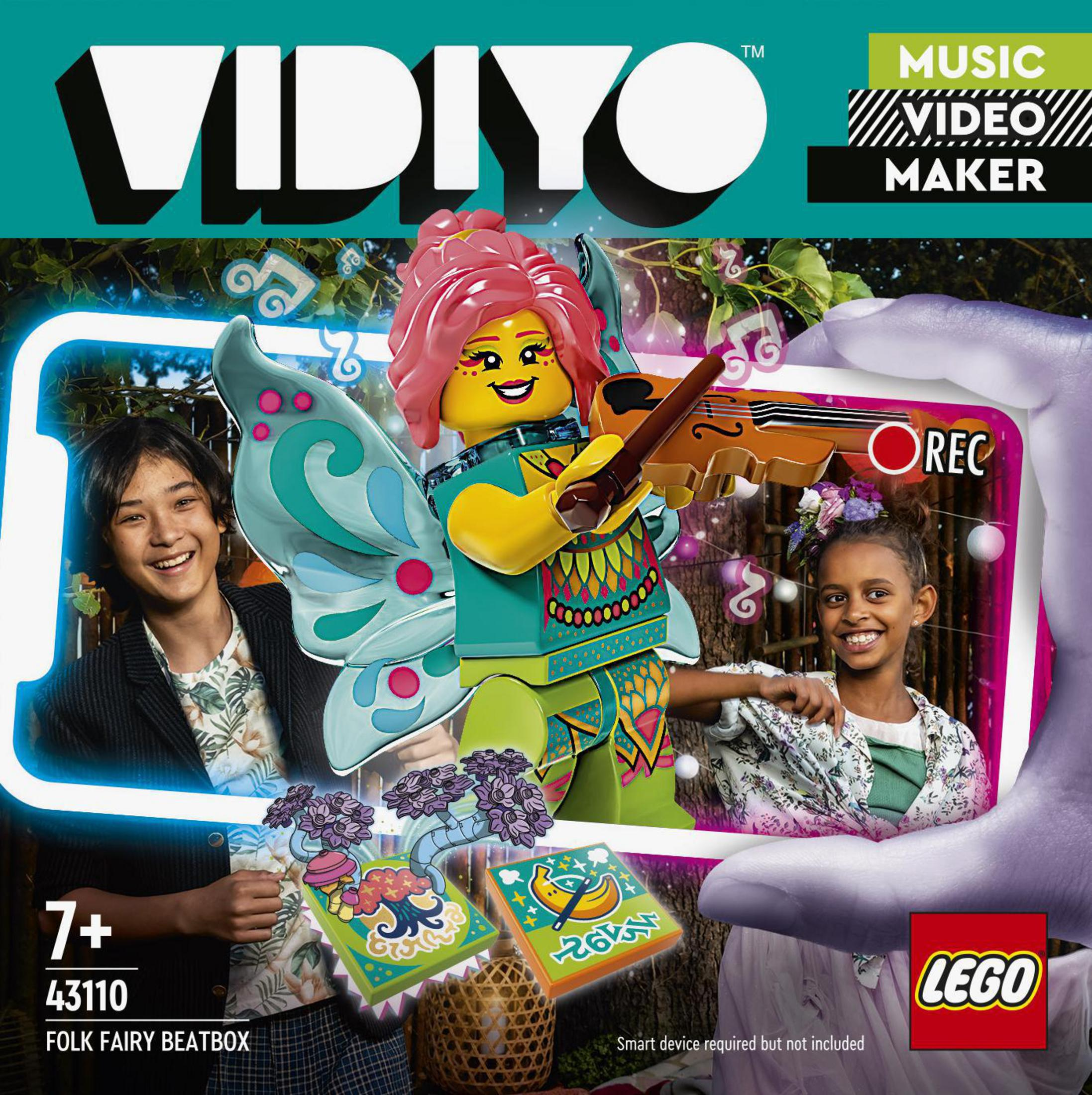 Zestaw Lego Vidiyo z dziewczynką ze skrzydłami, dwójką dzieci i telefonem pokazującym interfejs aplikacji.