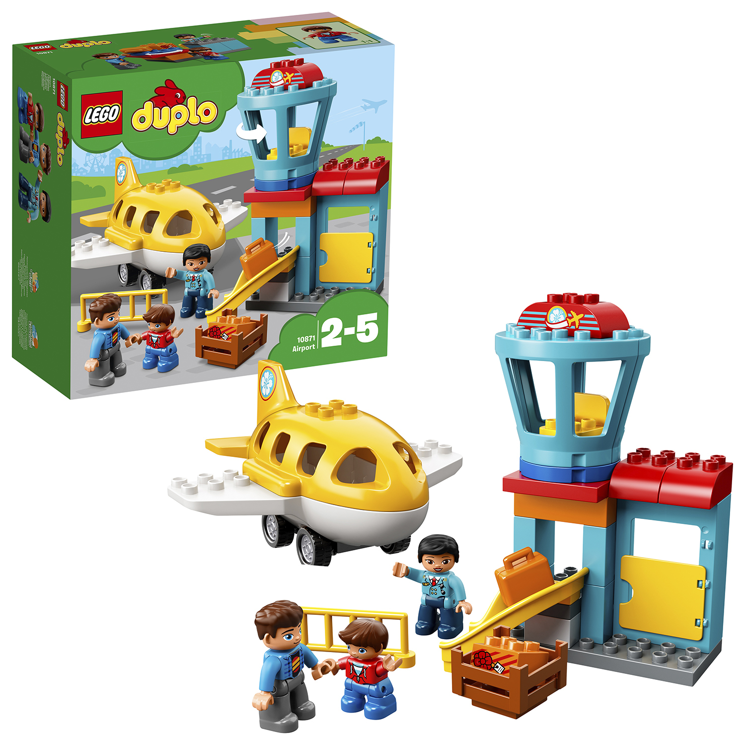 Set LEGO Duplo aeroporto con aereo, torre di controllo e minifigure. La scatola è visibile sullo sfondo.