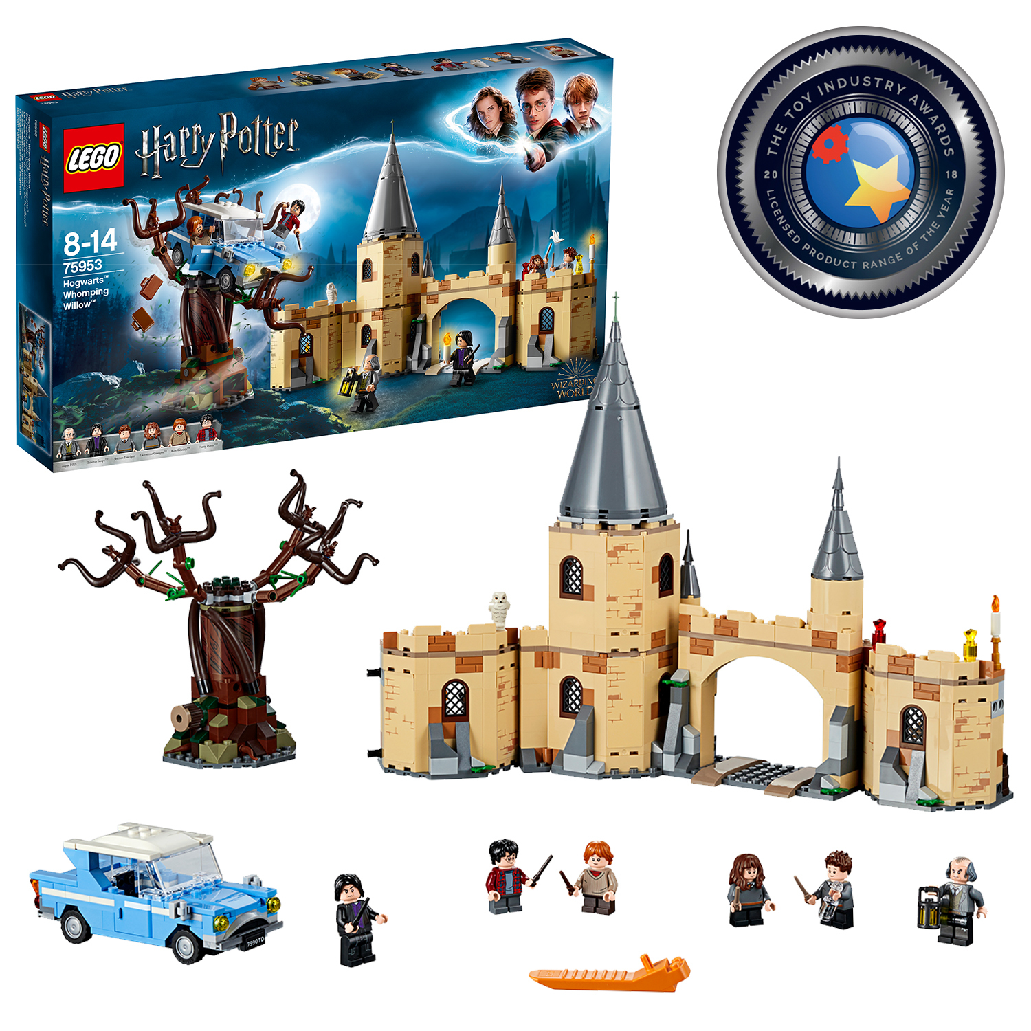 Ein Harry Potter LEGO-Set mit Hogwarts-Schloss, Figuren und einem blauen Auto mit Baum.