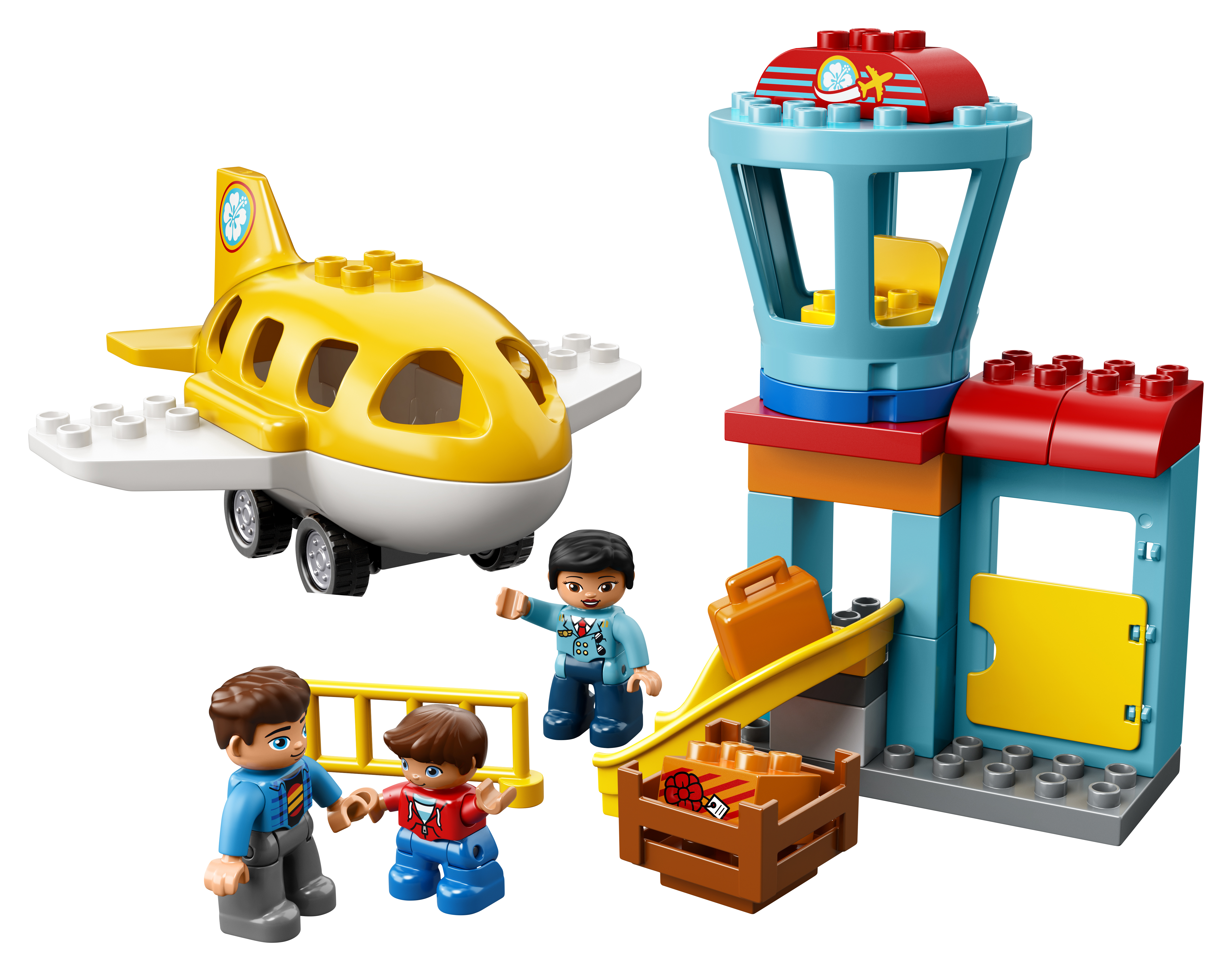 Un set Lego aeroporto con aereo, torre di controllo e figure.