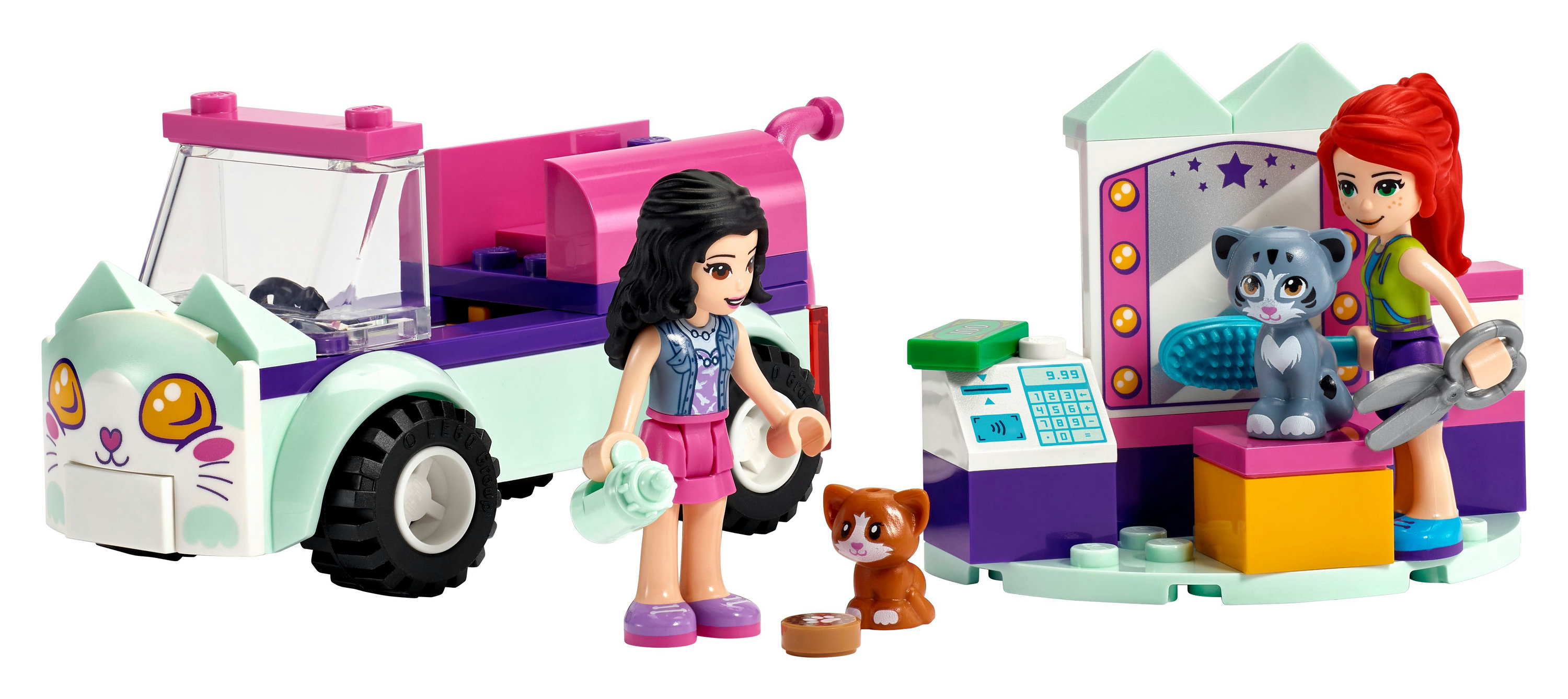 Lego Friends Set: Katzenpflegetransporter und -laden mit Figuren und Tieren.