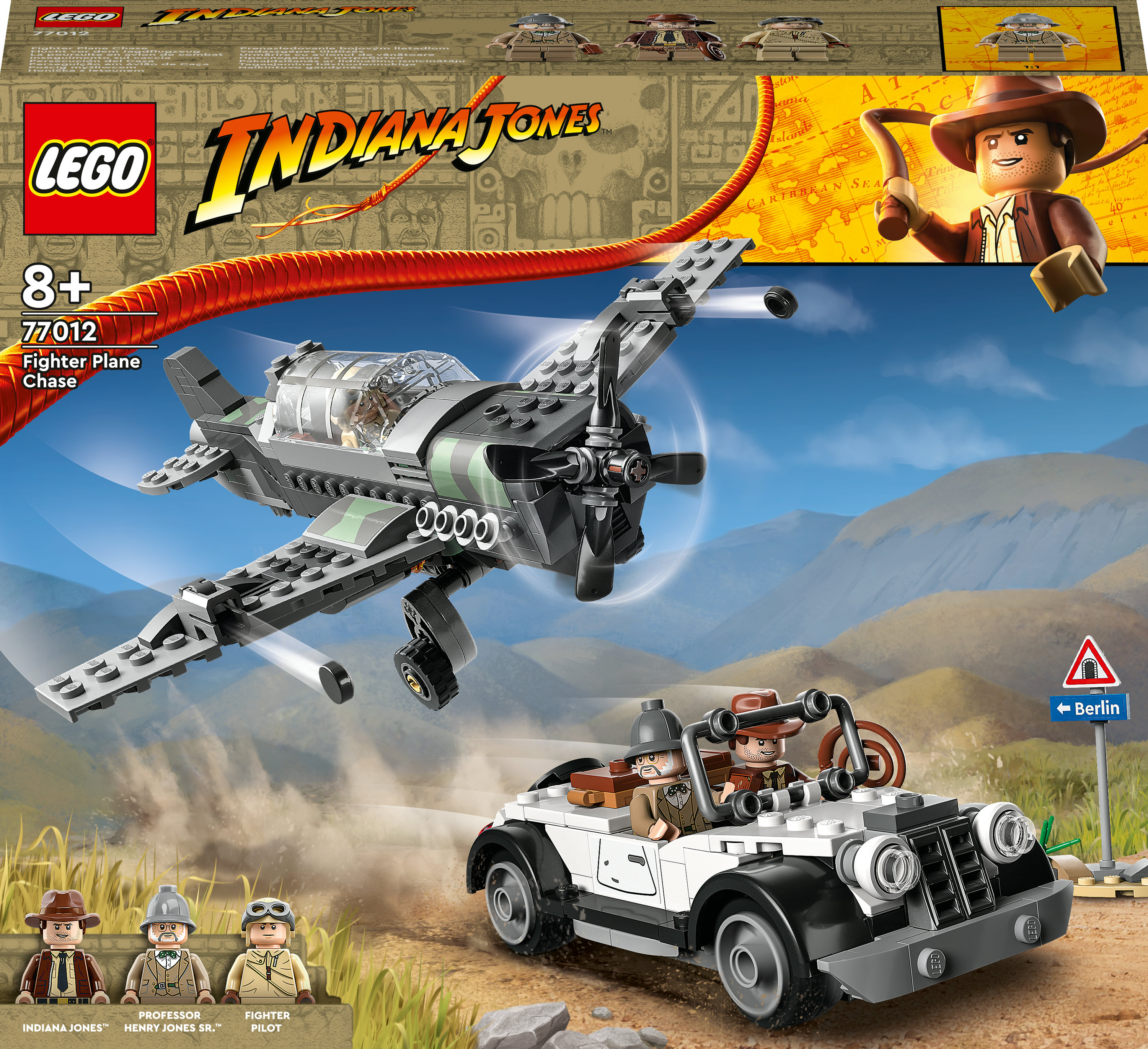 Un set de Lego Indiana Jones Fighter Plane Chase con figuras y un avión.
