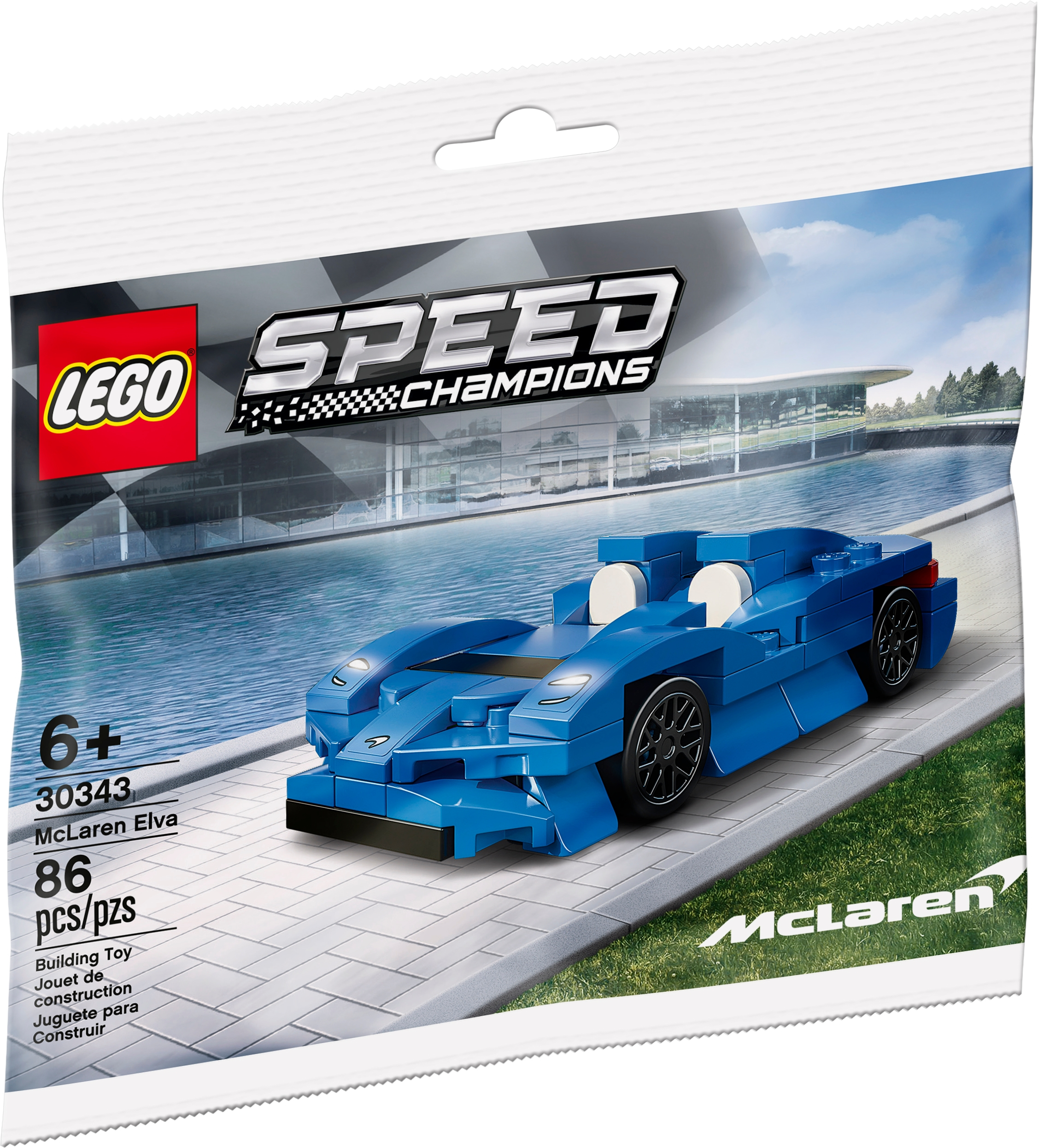 Niebieski samochód wyścigowy LEGO McLaren Elva w opakowaniu Speed Champions.