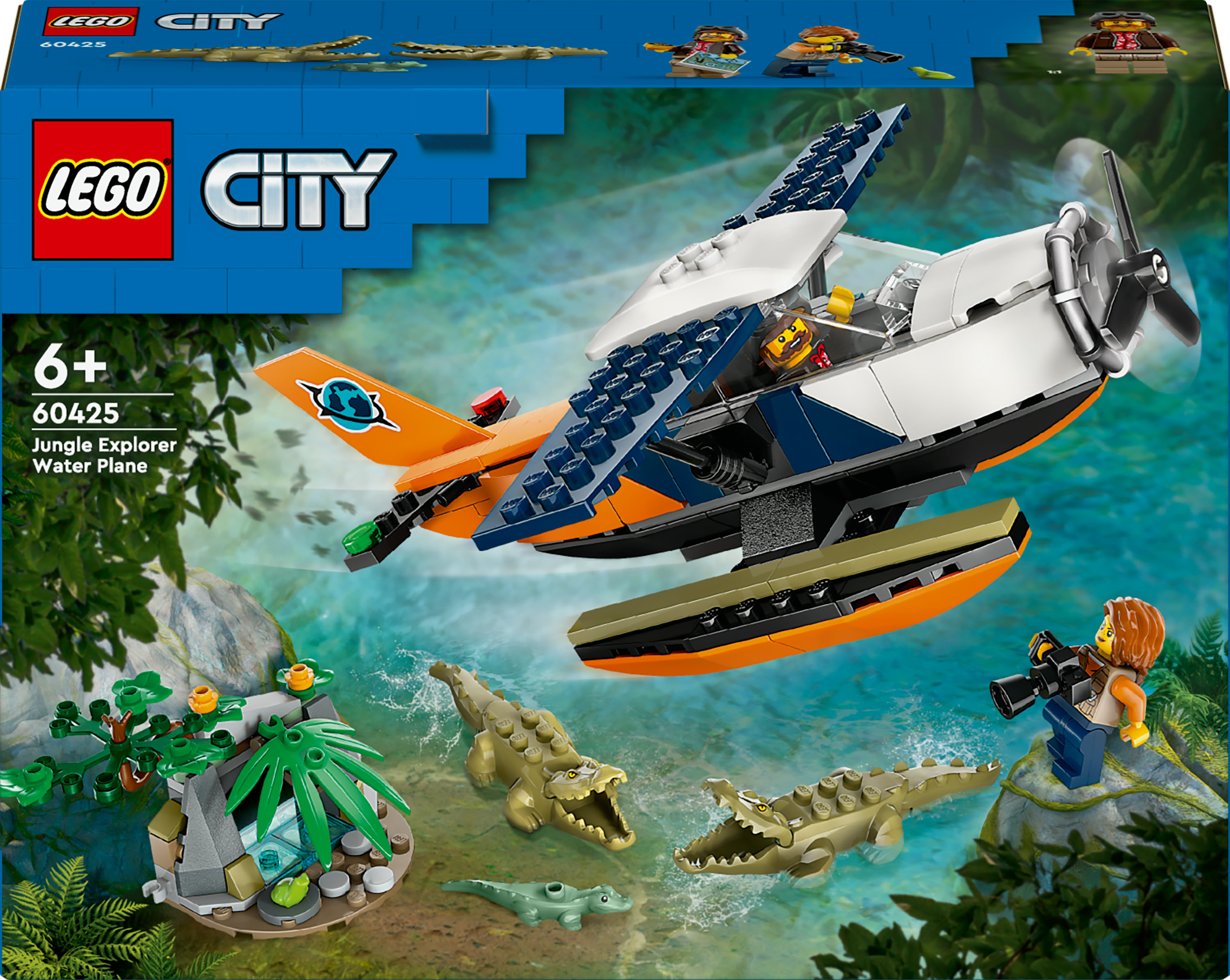 La scatola del set LEGO City Jungle Explorer Water Plane mostra un aereo, coccodrilli e una minifigure in una giungla.
