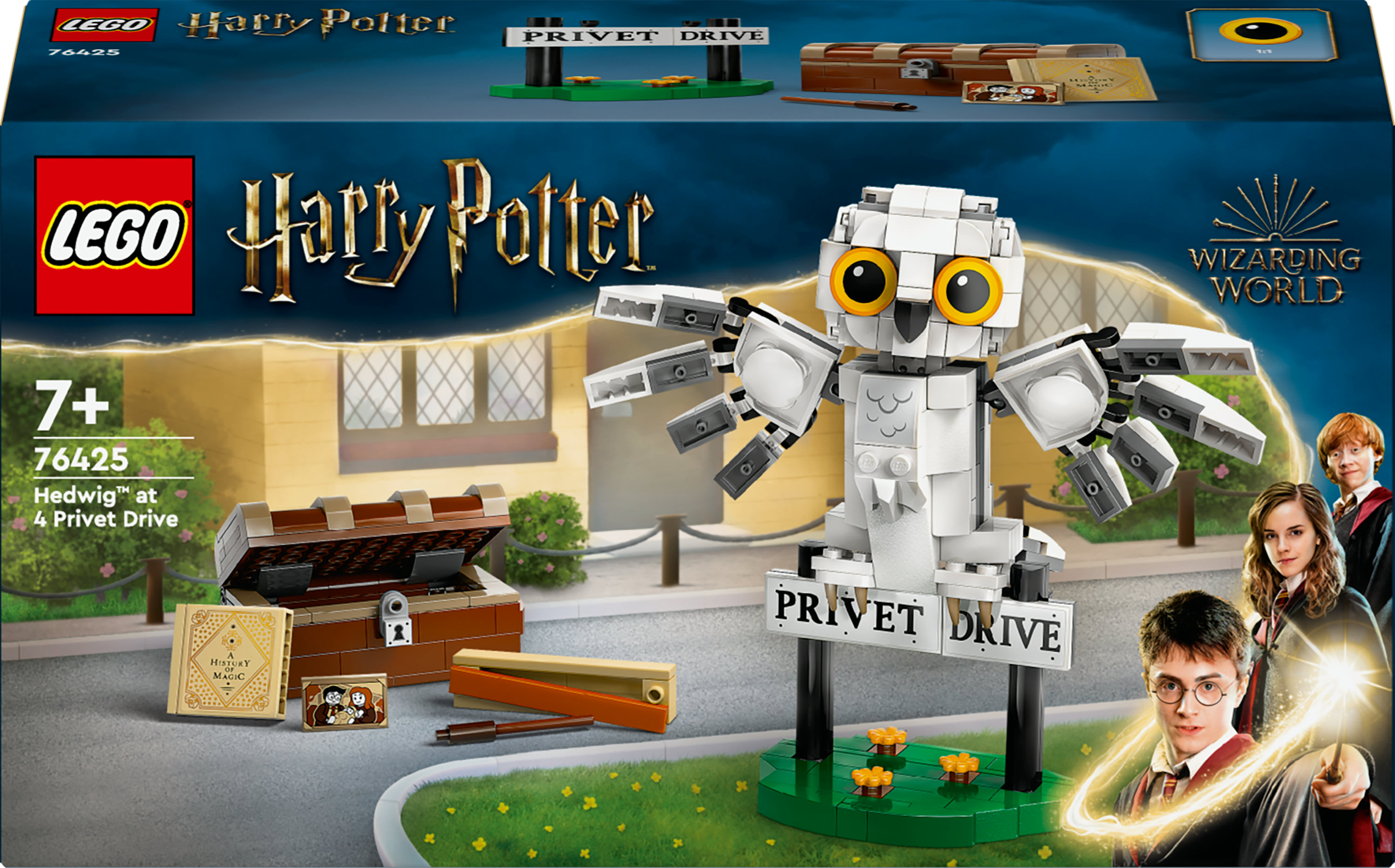 Pudełko zestawu Lego Harry Potter. Zawiera sowę, znak Hogwartu i figurki Harry'ego, Hermiony i Rona.