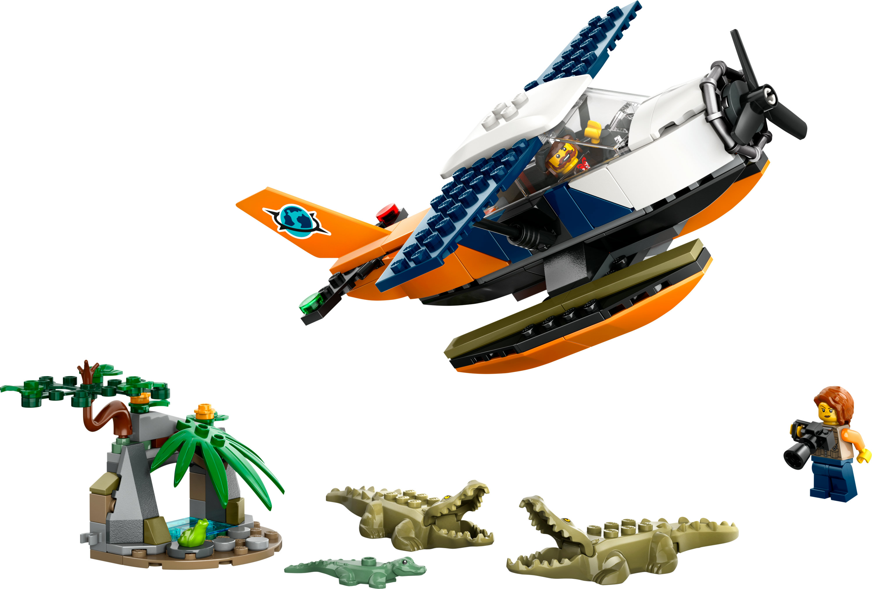 Idrovolante Lego con coccodrilli e minifigure in una scena giungla.