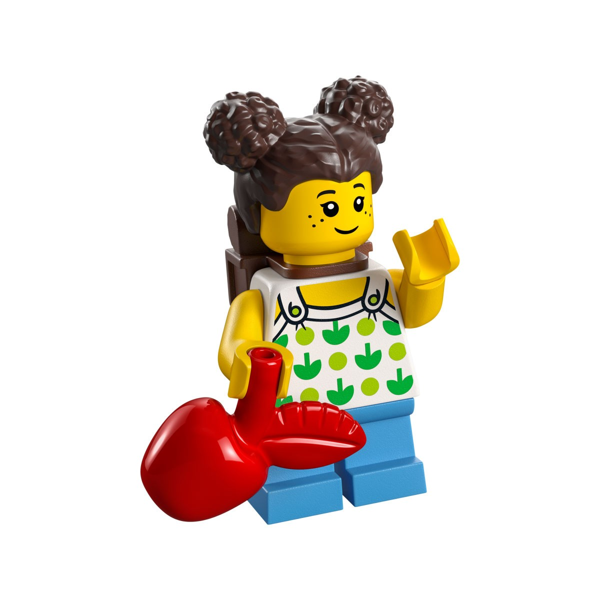 Minifigurine Lego avec cheveux bouclés bruns, peau jaune, pantalon bleu et un cœur rouge.
