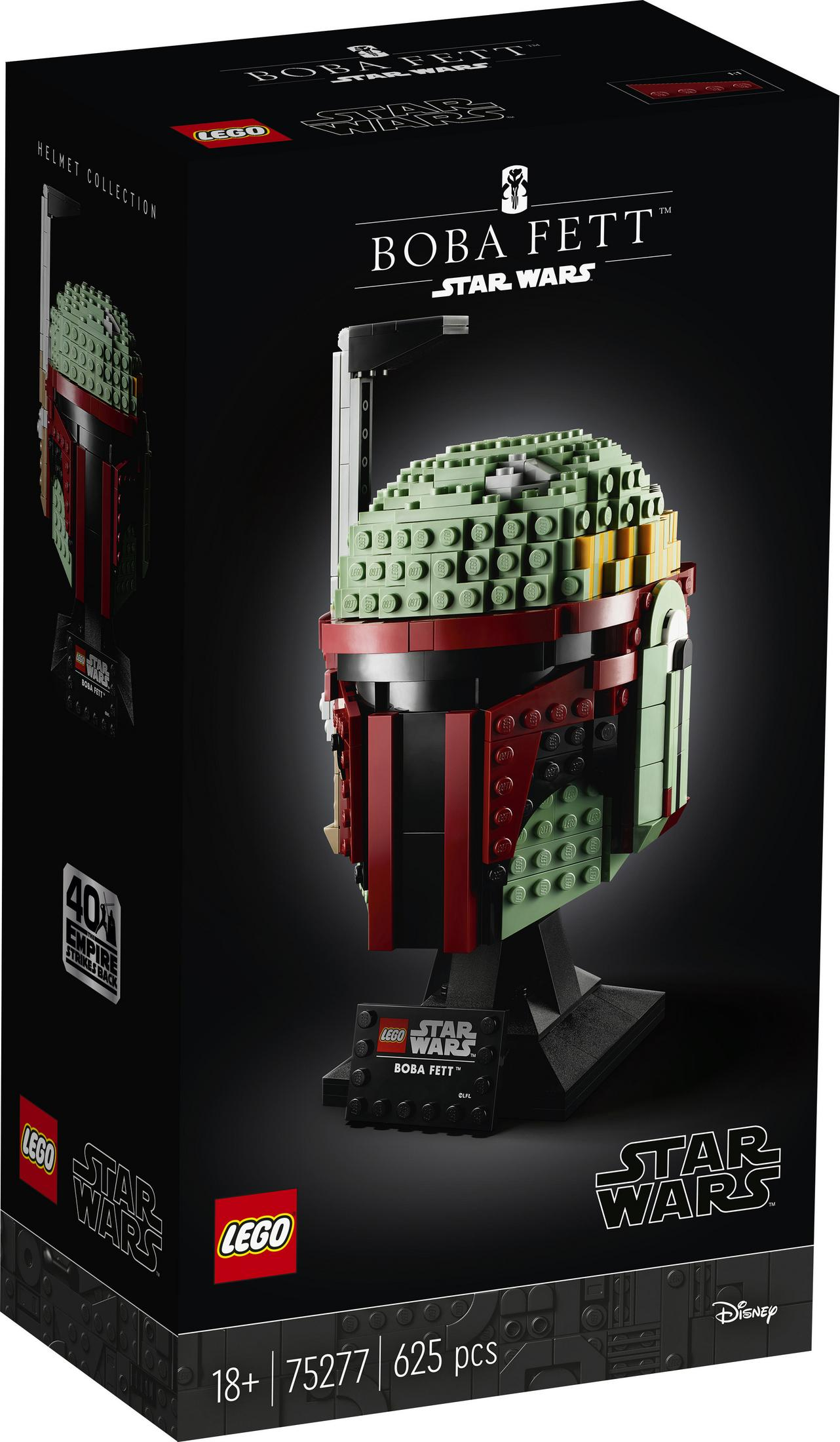 Pudełko zestawu kasku Lego Star Wars Boba Fett. Pudełko jest czarne i przedstawia budowę hełmu.
