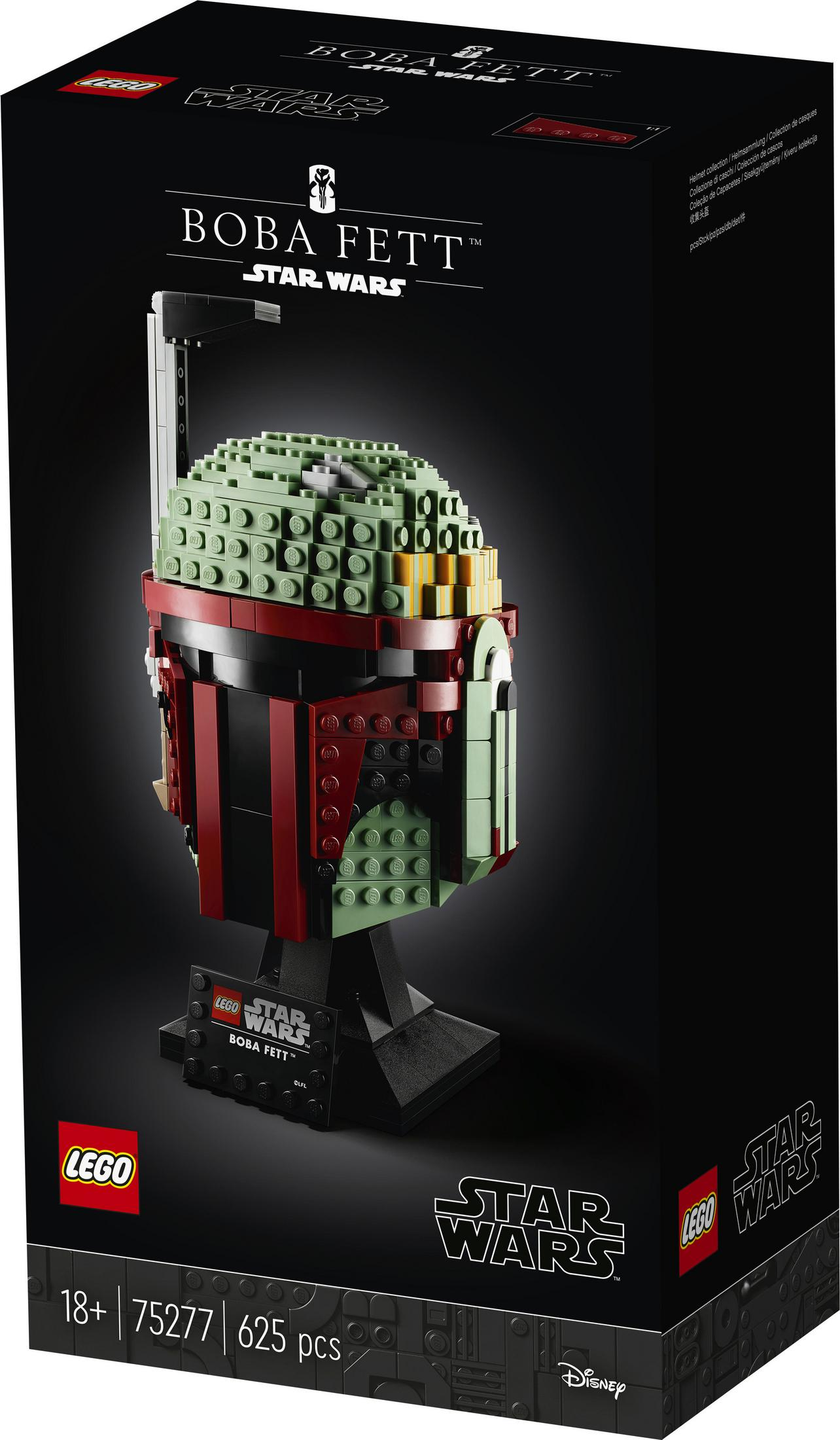 Zestaw kasku LEGO Star Wars Boba Fett w czarnym pudełku. Kask jest zielony, czerwony i czarny.
