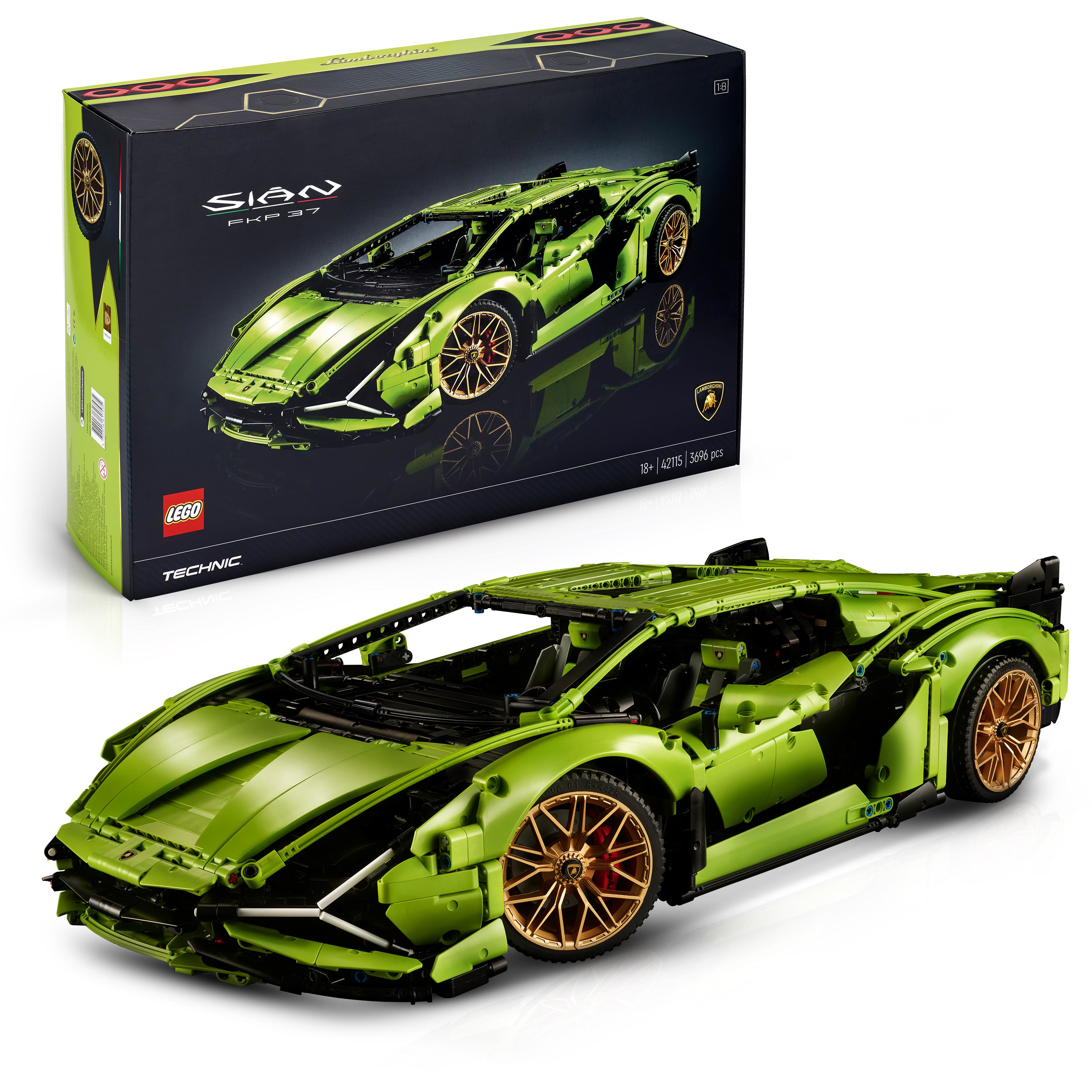 Model Lego Technic Lamborghini Sián FKP 37. Zielony samochód ze złotymi kołami. Czarne pudełko ze zdjęciem samochodu. Białe tło.